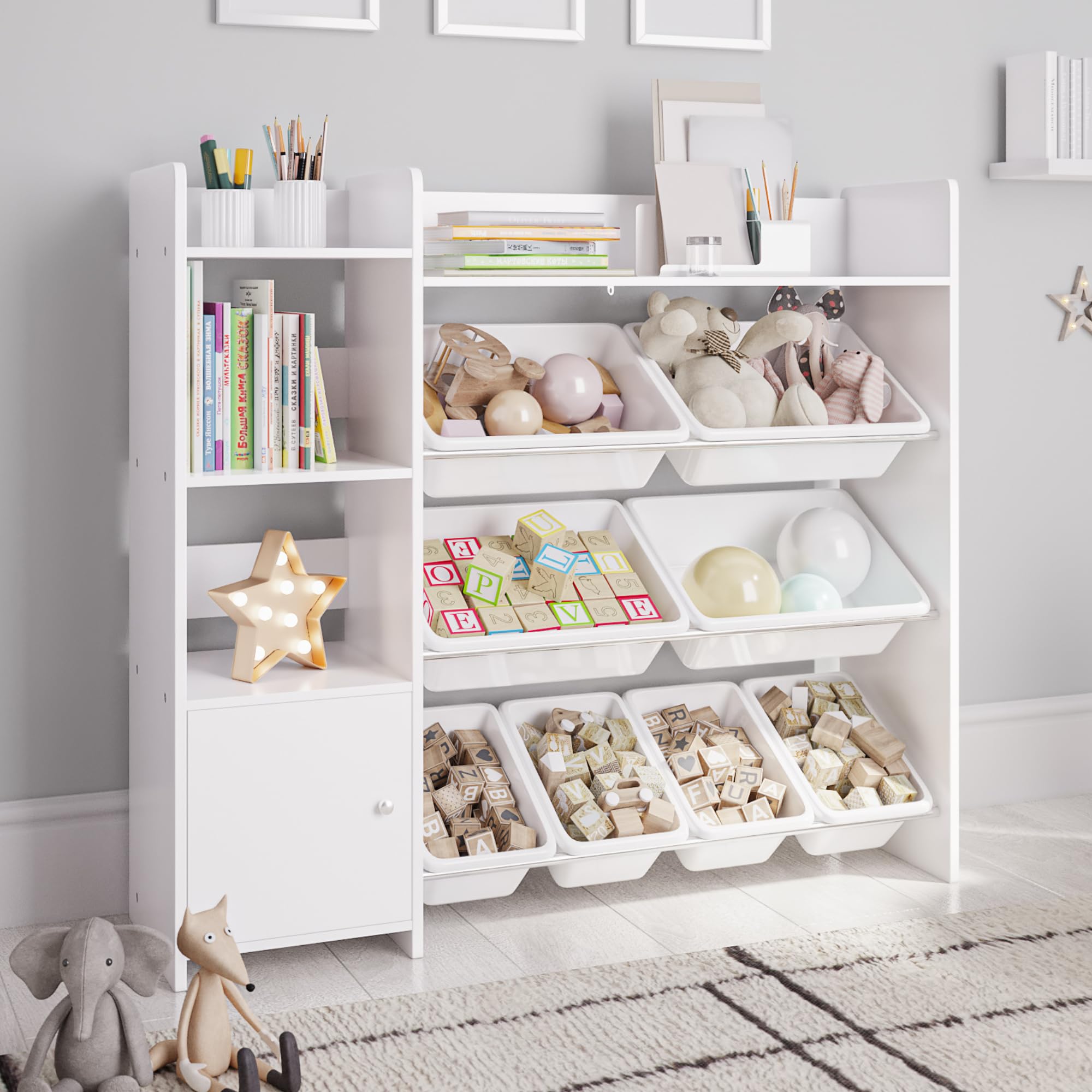 Toy Storage Organizer with Kids Toy Shelf and 8 White Toy Bins – Perfect Toy Storage Solution - Your Kids Will Have Fun and You Will be Free from Messes!