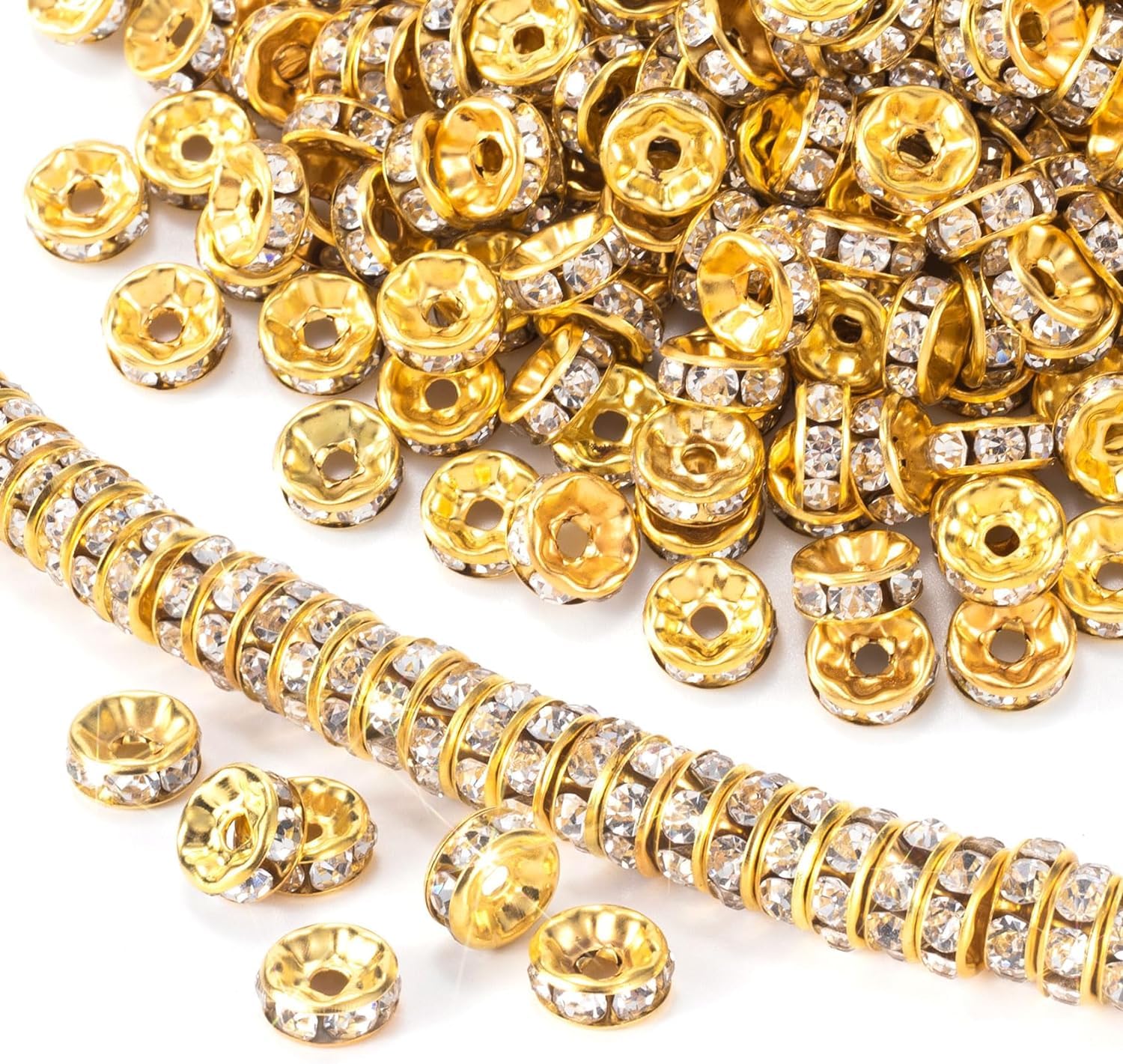 Dhruv Crafts Rondelle Spacer Beads, Gold Plated White Crystal Rhinestone Spacer Beads for Jewelry Making |200Pcs 8MM |-image-6