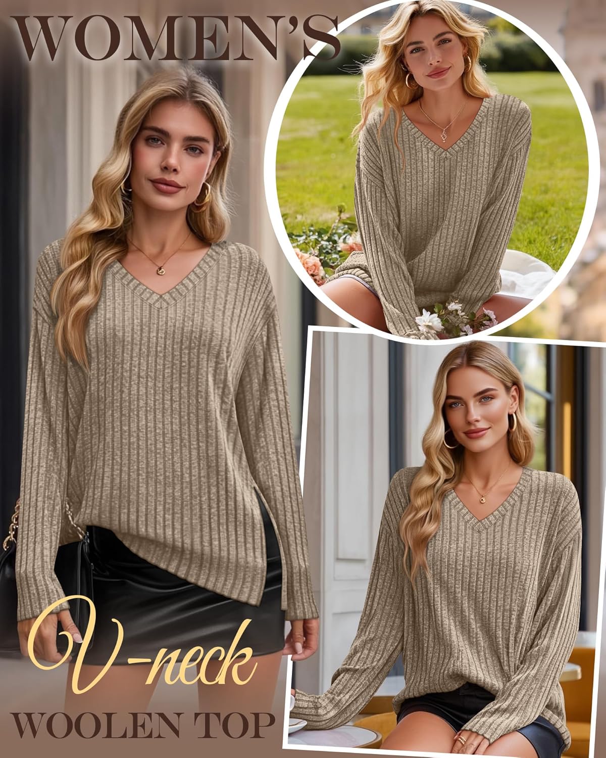 Women's Long Sleeve Sweater, V Neck Oversized Side Split Casual Top Loose Fit Lightweight Knit Pullover Sweaters - Image 2