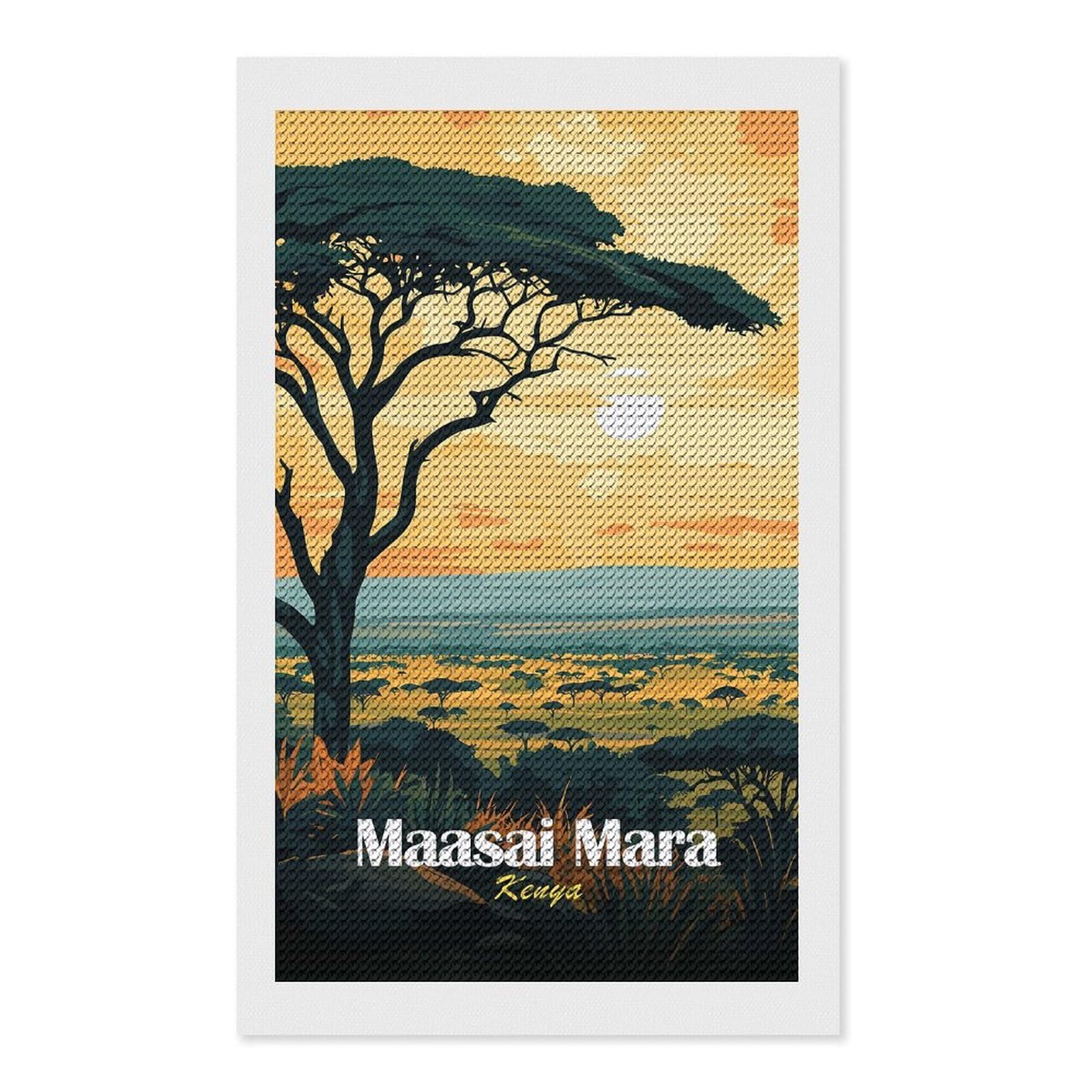 Junmoney Maasai Mara Sunset Landscape Diamond Painting Set 12"x20", Stress Relief Craft, Easy to Enjoy, Vintage Style Decor, Festive Craft Gift
