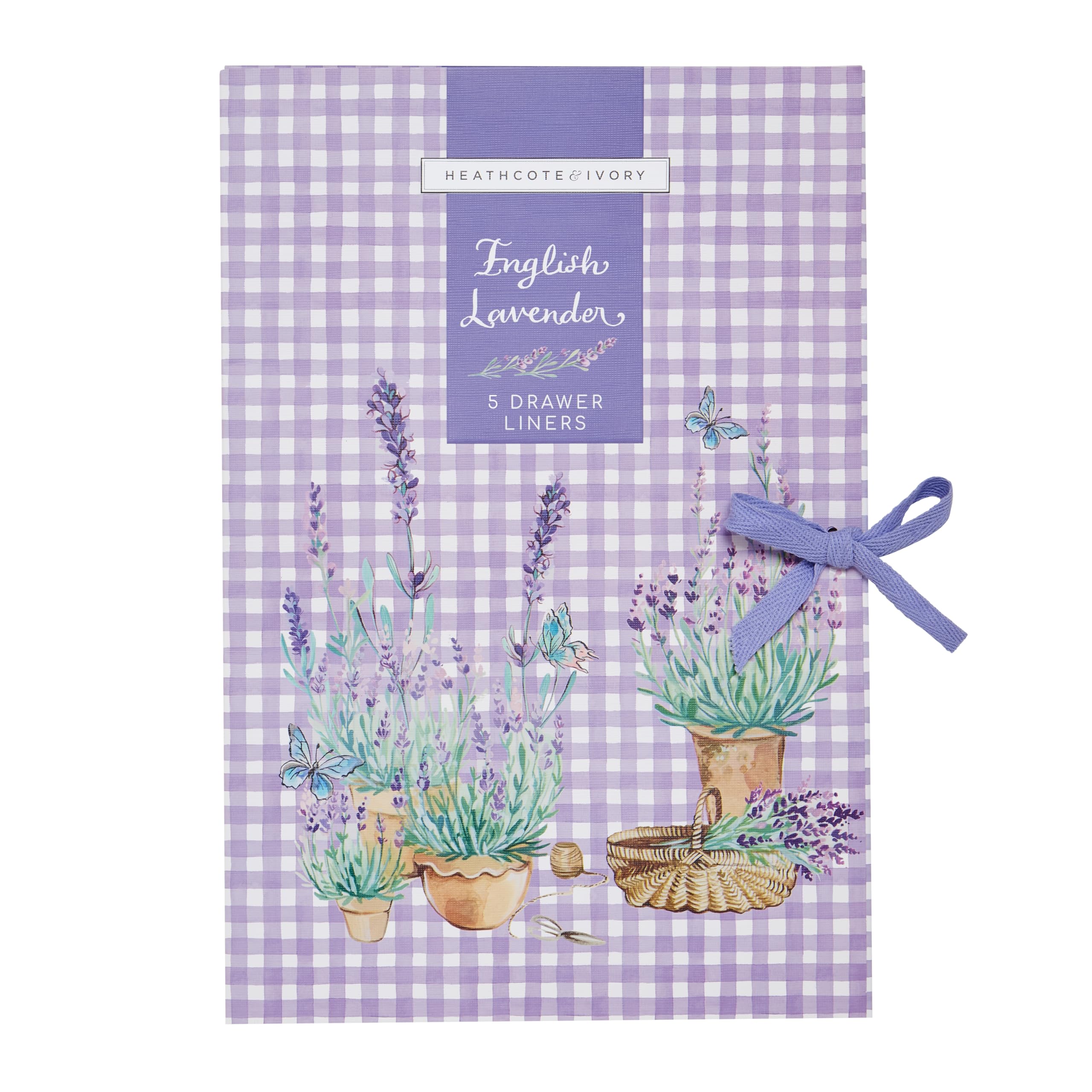 Heathcote & Ivory Scented Drawer Liners, 5 Sheets in Display Tray, Lavender Fragrance, For Cupboards and Wardrobes, Housewarming Beauty Gift, Cruelty and Vegan Friendly