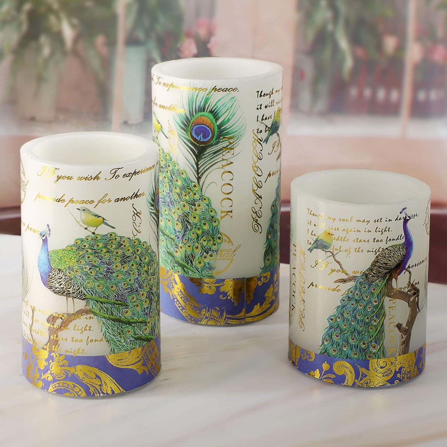 Flameless Candles Peacock Decor Battery Operated Candle with Remote Real Wax Flickering LED Pillar Candle Vintage Home Decor for Spring, Summer, Wedding Decor, Mothers Day Gifts
