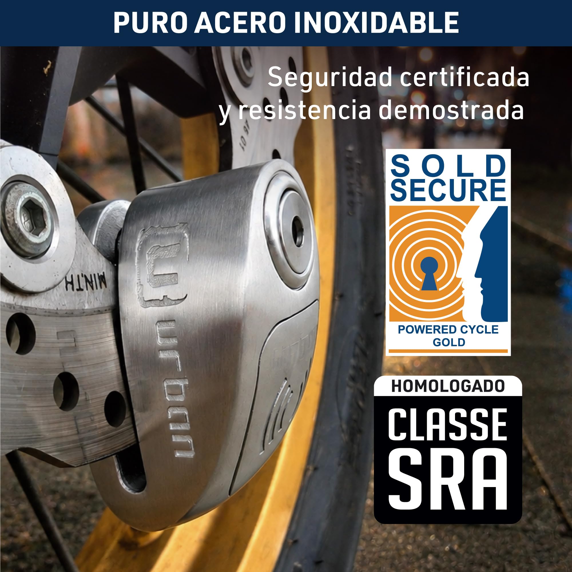 URBAN UR910S Candado Moto Disco Sin o con Alarma X2-ON 120dB, Alta Seguridad Homologado Sra, Doble Cierre 10mm Anti-Sierra, Acero Inoxidable, Pila CR2 Larga Duración, Bloqueo Pinza Antirrobo Scooter