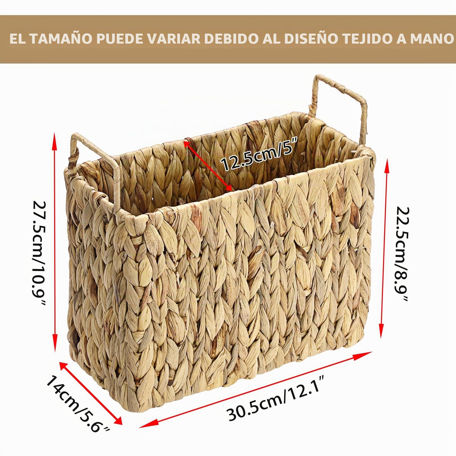 Revistero estable de jacinto de agua, cesta de almacenamiento tejida con asa, soporte de archivo pintado a mano, cesta de mimbre para libros, revistas, papeles como regalo, decoración 30 x 14 x