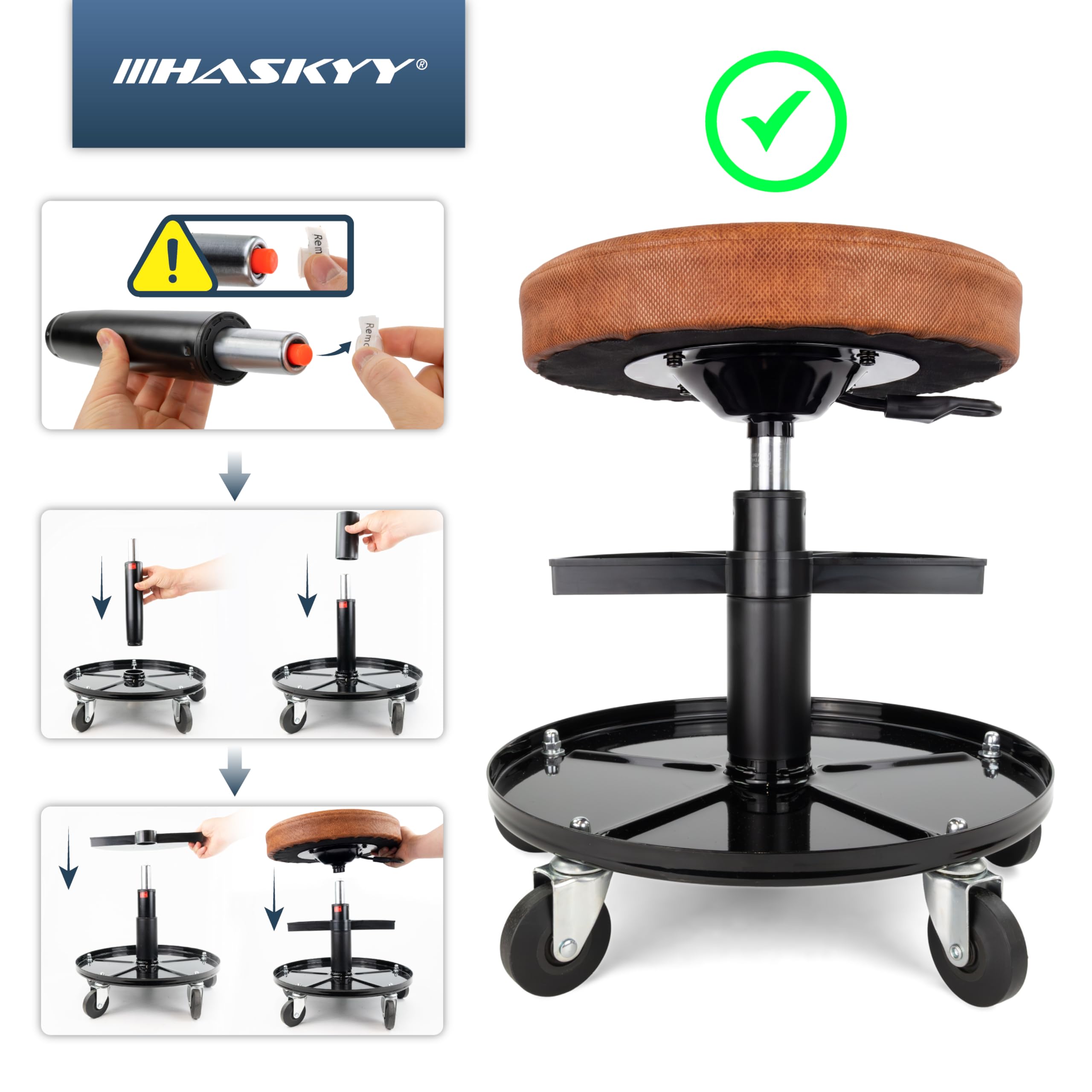 HASKYY - Taburete de Taller con Ruedas, Altura 430-580 mm, diámetro 40 cm, Revestimiento de Gel, para Taller, 135 kg, 2 estantes
