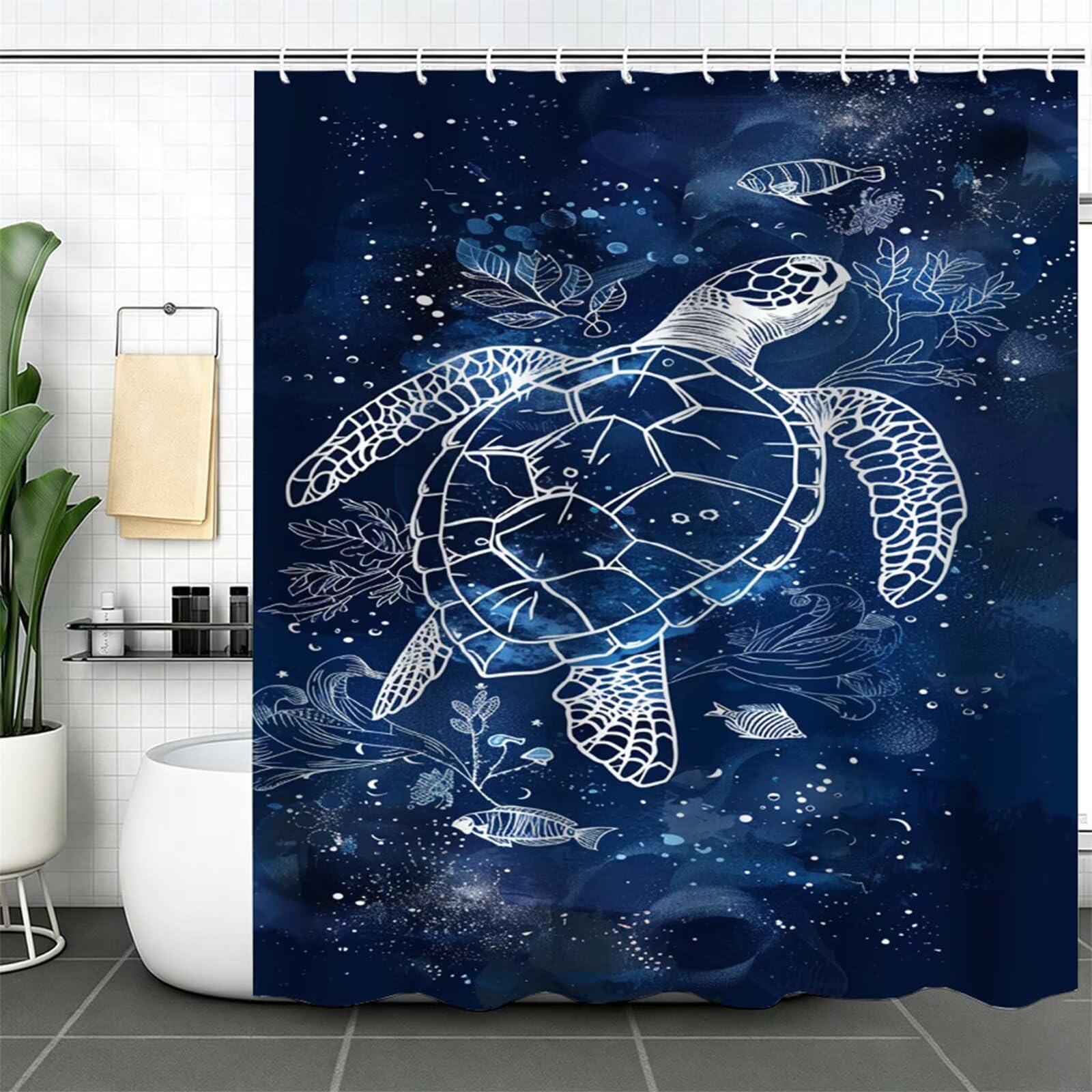 Duschvorhang Marineblau, Polyester Stoff aus Textil – Wasserdicht – Waschbar – Inkl 12 Ringe – Badewannenvorhang für Dusche & Badewanne, Shower Curtains 200x250cm Meeresschildkröte J-763