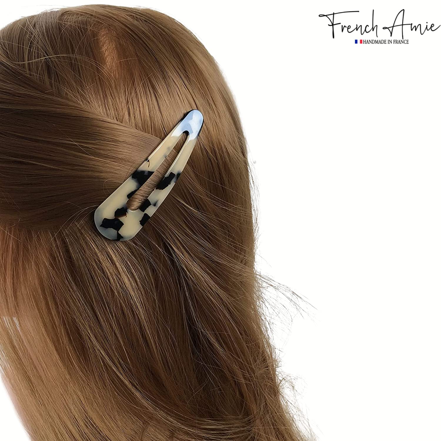 French Amie Clic Clac Haarspangen, groß, handgefertigt, Zelluloid-Acetat, 2 Stück, rutschfeste Seiten-Haarspange für Damen und Mädchen, Weiß