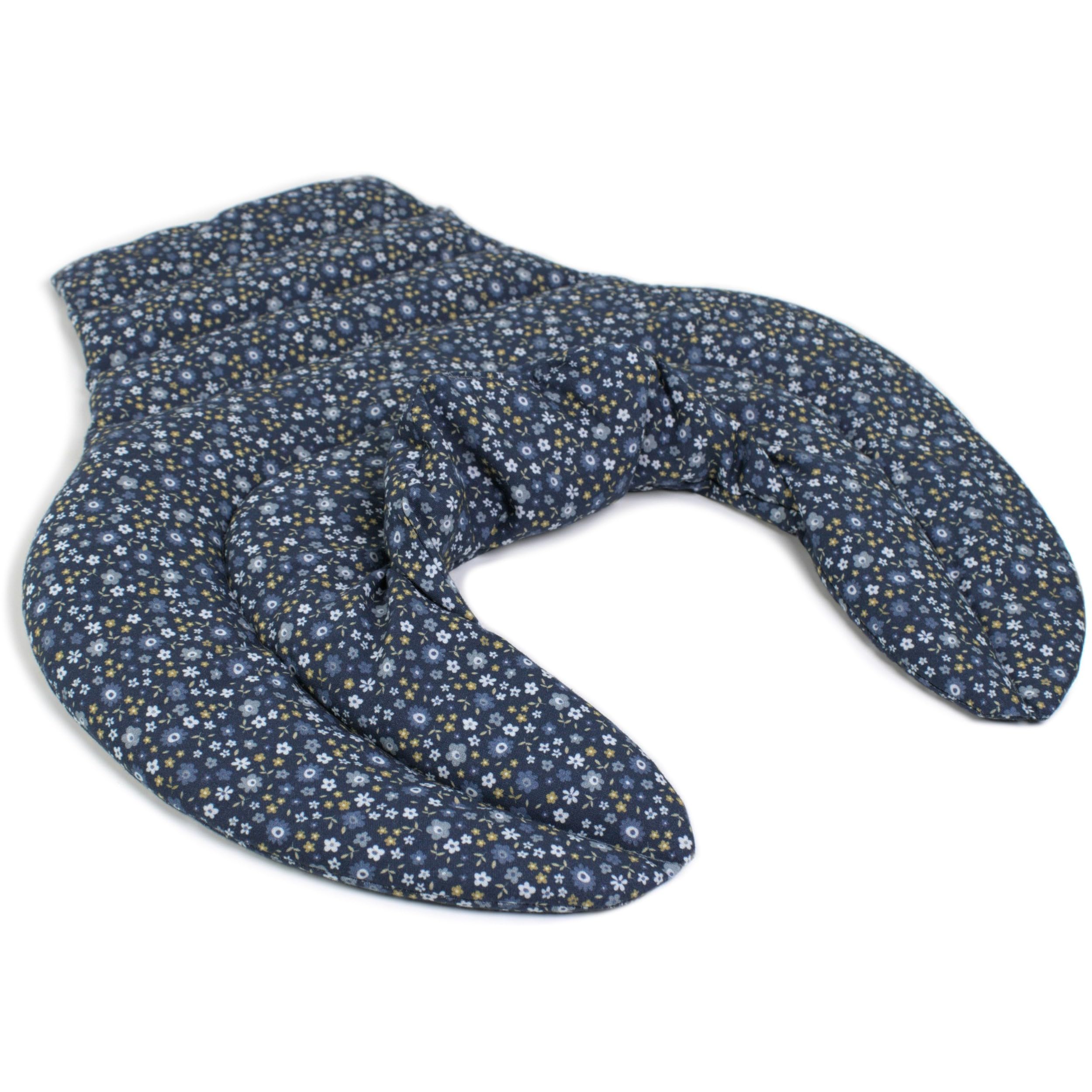 Tour de cou pour vertèbres cervicales avec col montant et partie dorsale - Tissu biologique fleurs bleues- Coussin chaud aux pépins de raisin - HWS