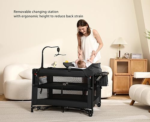 Miniatura 3 de Pack and Play, corralito 5 en 1 para bebés Cuna portátil, moisés, mesita de noche, cambiador y corralito Malla transpirable Seguro y plegable