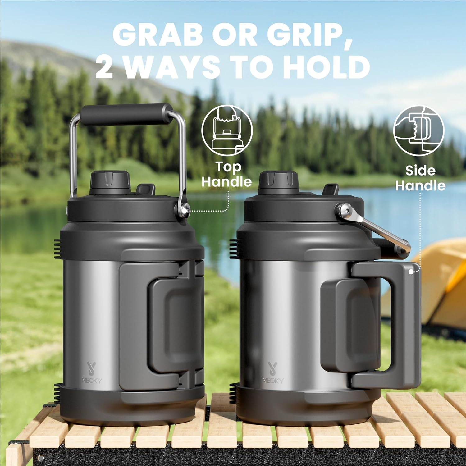 64 oz Insulated Water Bottle for Men: Meoky Triple Wall Vacuum Stainless Steel Half Gallon Water Jug - Top and Side Handles, 2-in-1 Straw and Spout Lid, Cold for 36 Hrs, Leak Proof for Sports (Silver) - Image 3