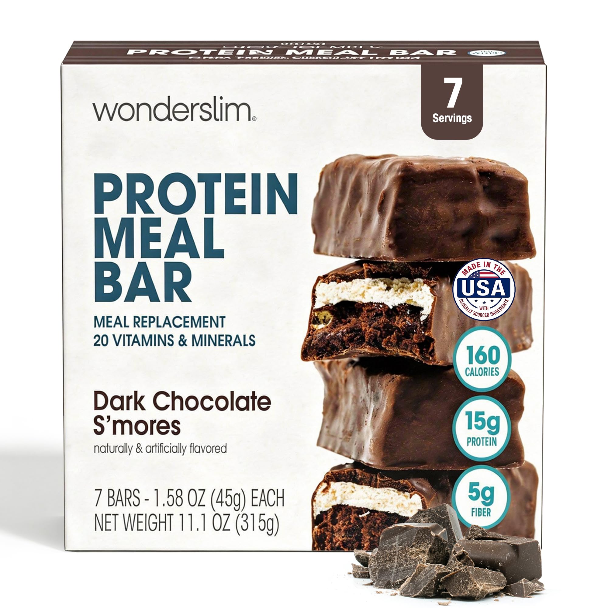 WonderSlim Meal Replacement Protein Bar, Dark Chocolate S'mores, 15g Protein, 20 Vitamins & Minerals (7ct)