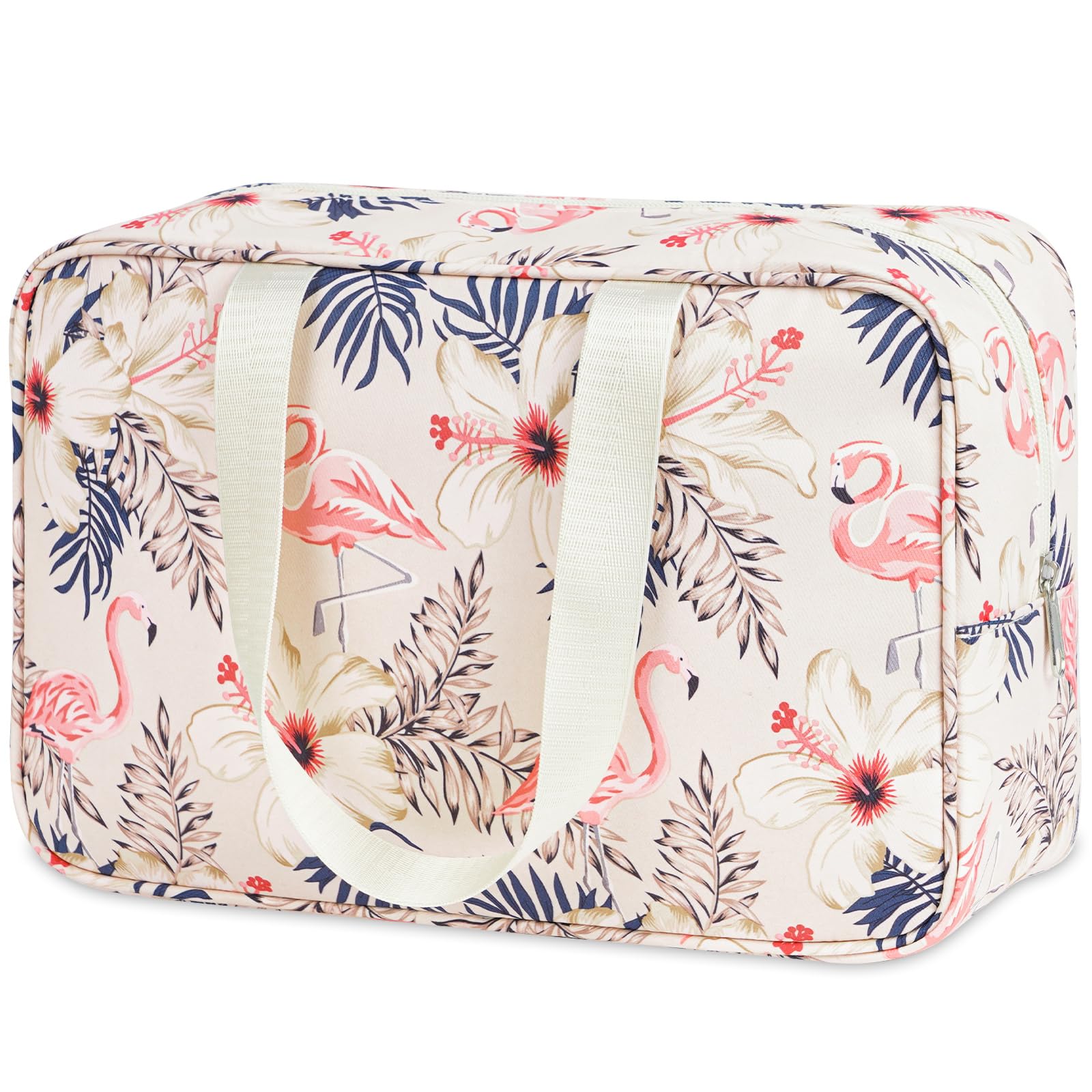 NarweyFull Size Toiletry Bag Large Cosmetic Bag Travel Makeup Bag Organizer for Women and Girl, Beige Flamingo, Large, Cosmetic Bag