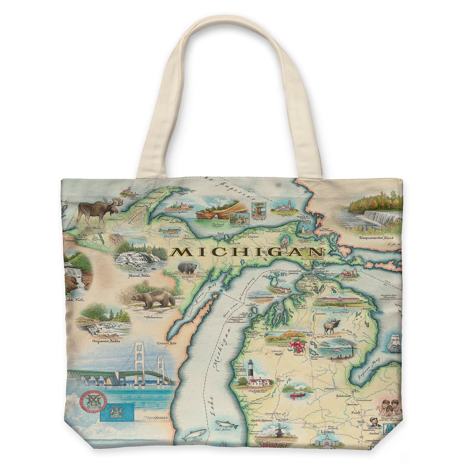 Michigan State Map Canvas Tote Bag with Handles, Cloth Grocery Shopping Bag, Reusable & Eco-friendly Bag, 100% Cotton, Washable, 18 wide x 15 tall