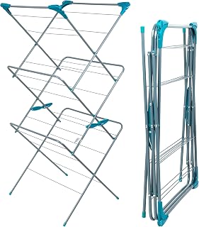 Beldray LA050397EU 3-Tier Clothes Airer – Collapsible Indoor Drying Rack, Foldable Clothes Horse, 15 M Drying Space and Four Side Wings, Standing Laundry Dryer, Easy to Assemble Towel Rack, Turquoise