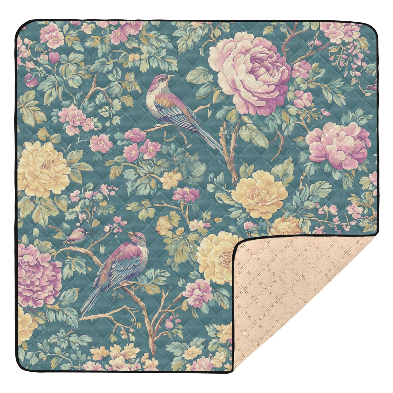 Kigai Flower Bird Baby Play Mat for Floor and Playpen 50x50 inch Non-Slip Baby Activity Playmat Waterproof Foldable Crawling Mat for Infants Toddlers