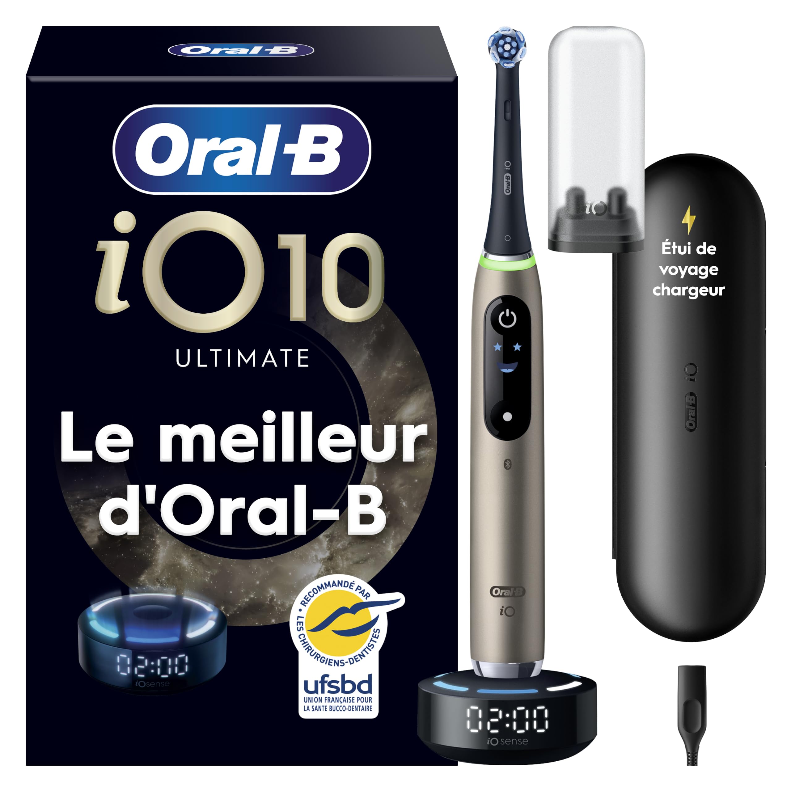 Oral-B Brosse à Dents Electrique iO 10, Brossette de Rechange, Or Lunar Gold – 7 Modes dont Blancheur et Soin des Gencives, Capteur de Pression, Batterie Rechargeable, Coach de Brossage, Etui