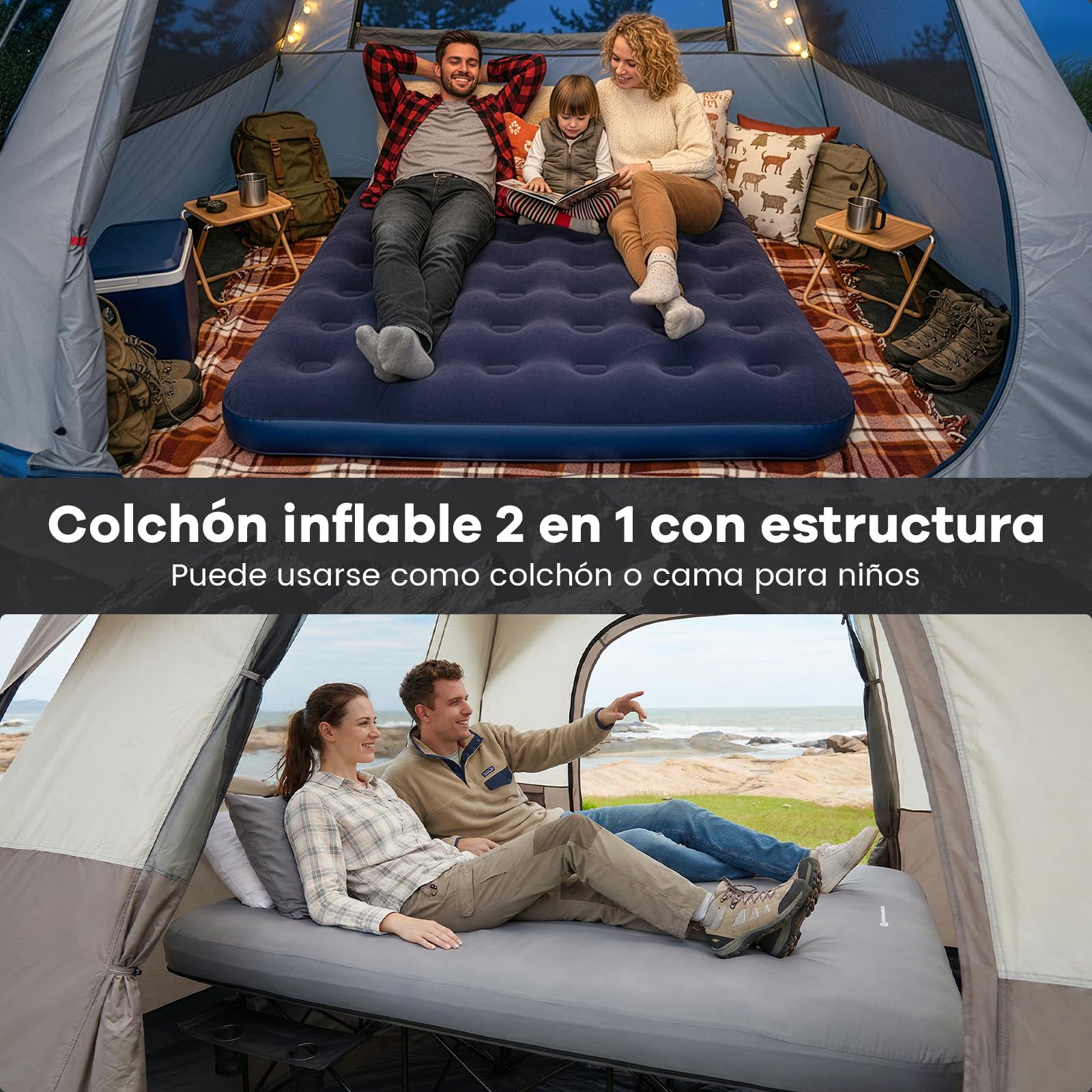 FUNDANGO - Cama de camping doble con bomba eléctrica, colchón hinchable con funda extraíble y lavable, marco plegable, portavasos, bolsa de transporte para adultos, tienda de campaña, invitados (200