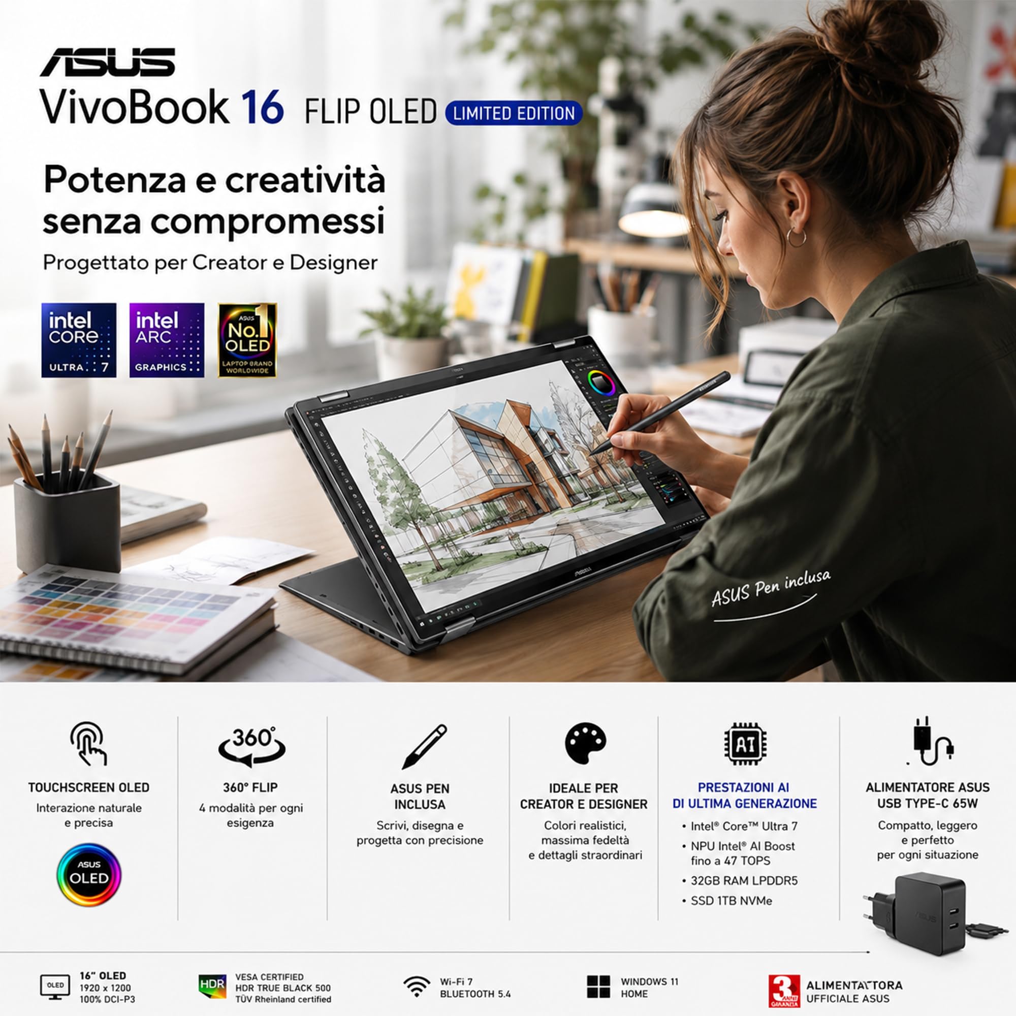 ASUS Vivobook 16 FLIP, Intel® Core™ Ultra 7 258V, Intel Arc Pro, Display OLED Touchscreen 16" WUXGA FHD+, DDR5 32Gb, SSD 1Tb, Win 11, Wi-Fi 7, bt 5.4, tastiera retroilluminata, Pen, Gar 3 Anni