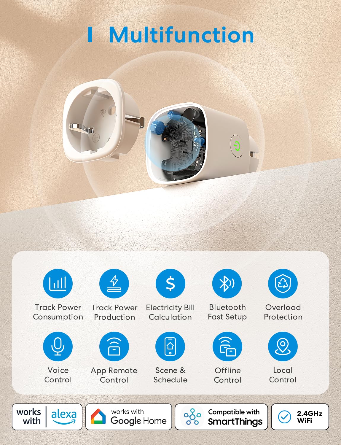 Meross Inteligentne gniazdko WiFi z monitorem zużycia energii elektrycznej, inteligentne gniazdo 16 A, gniazdo Smart Schuko (typ F), kompatybilne z Alexa, Google Home i SmartThings, sterowanie głosem
