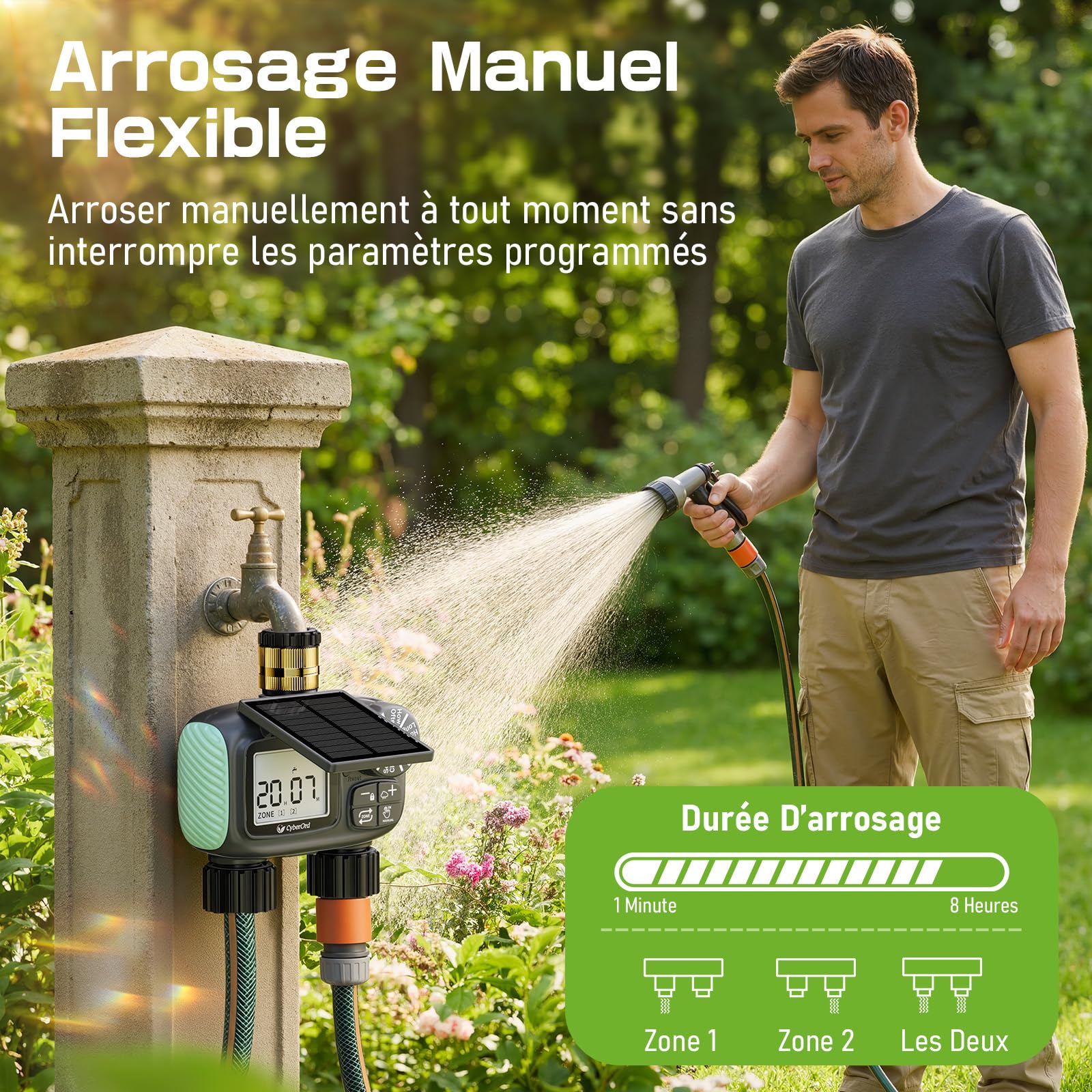 Programmateur d'arrosage Solaire CyberOrd 2 Zones, Arrosage Automatique pour Jardin avec Charge Solaire, Minuteur Arrosage Automatiquee avec Modes Auto/Manuel/Délai de Pluie pour Pelouse/Patio/Jardin