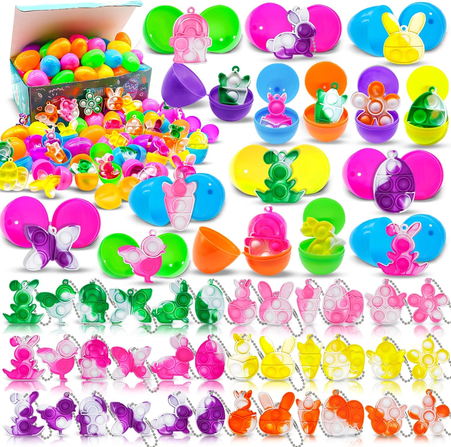 BicMan 84Pcs Easter Eggs with 84Pcs Easter Theme Mini Pop Keychain Fidget Sensory Toys,Easter Basket Stuffers Gifts for Kids Boys Girls Toddlers,Easter Gifts Bulk,Party Favors,Classroom Prize Fillers