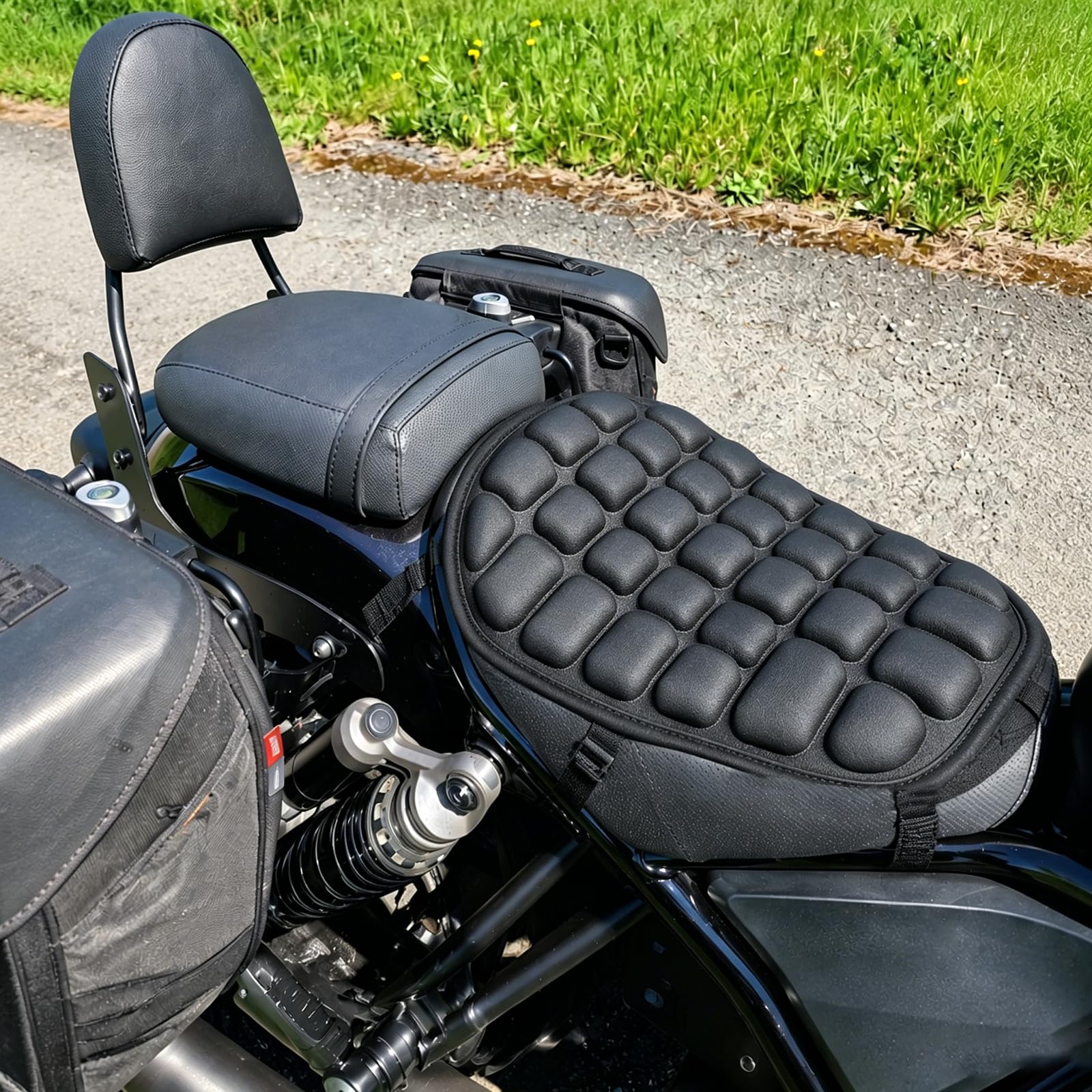 Poduszka na siodełko motocyklowe, amortyzująca i antypoślizgowa żelowa poduszka na siodełko motocyklowe, oddychająca osłona przeciwsłoneczna z paskami, poduszka 3D o strukturze plastra miodu