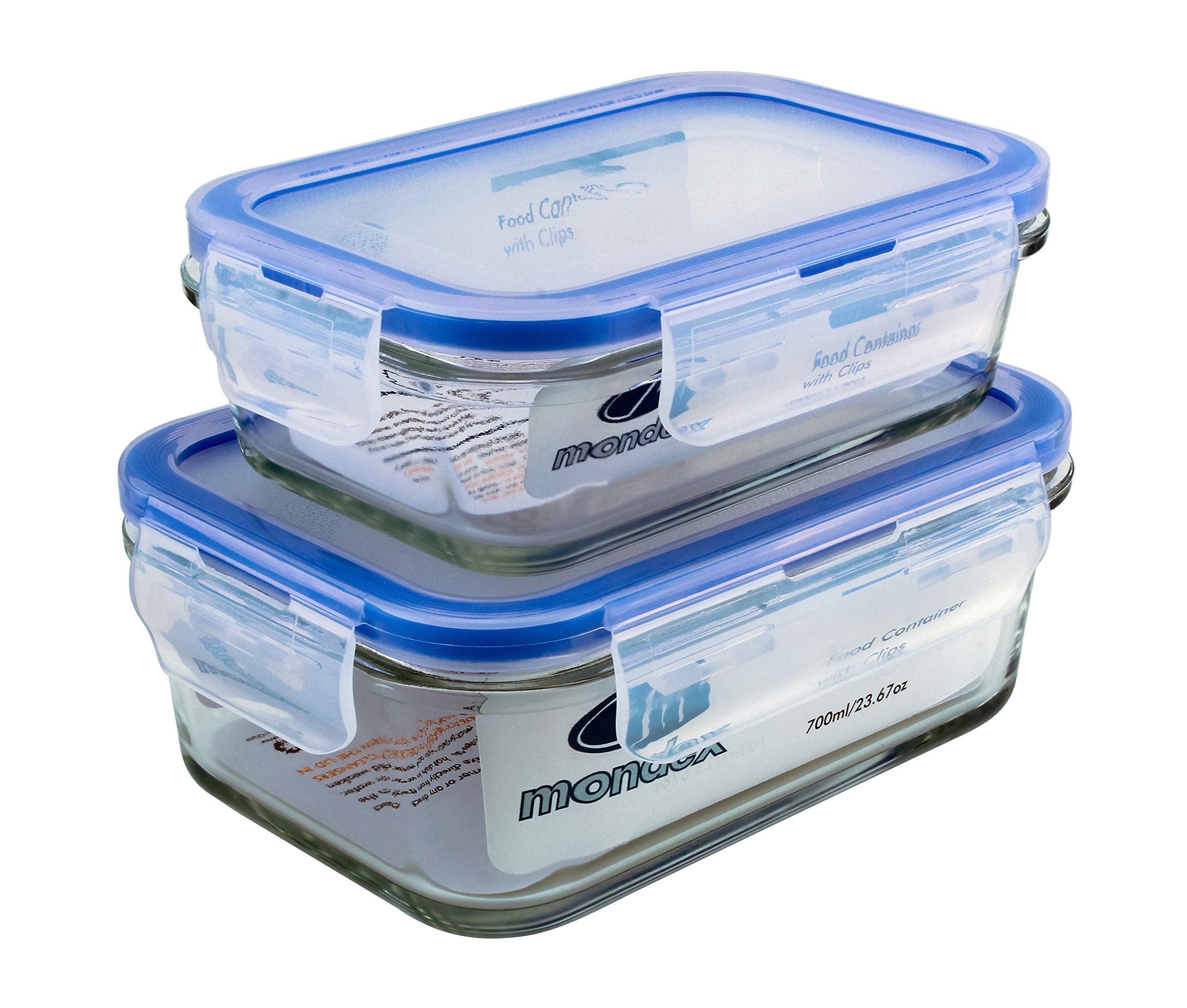 MONDEX2 PIECES FOOD STORAGE CONTAINER WITH LID, BLUE, 350 ML/700 ML, RECTANGLE, GLASS