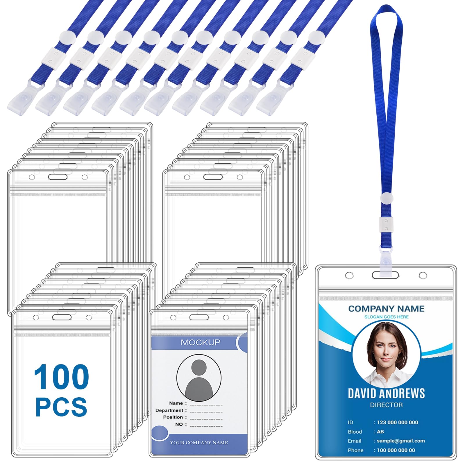 100 Pièces Porte Badge A6, 11 x 16 cm, avec Cordon et Boucle Réglable, Porte Badge Verticaux, Étanche à L'eau, PVC Transparent Porte-Carte D'Identité, Pour Employés, Étudiants, Expositions