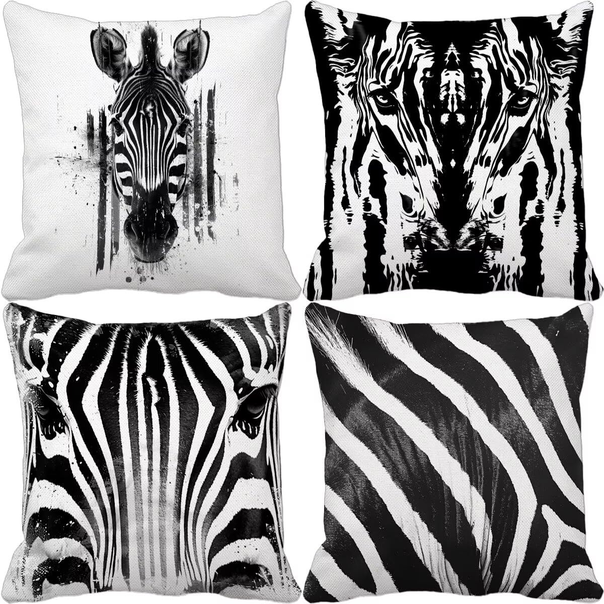 Poszewki na poduszki 55 x 55 cm, zestaw 4 zwierząt, kwadratowe, na sofę, zebra, dekoracyjne, super miękkie poszewki na poduszki z niewidocznym zamkiem błyskawicznym, na kanapę, do sypialni, salonu