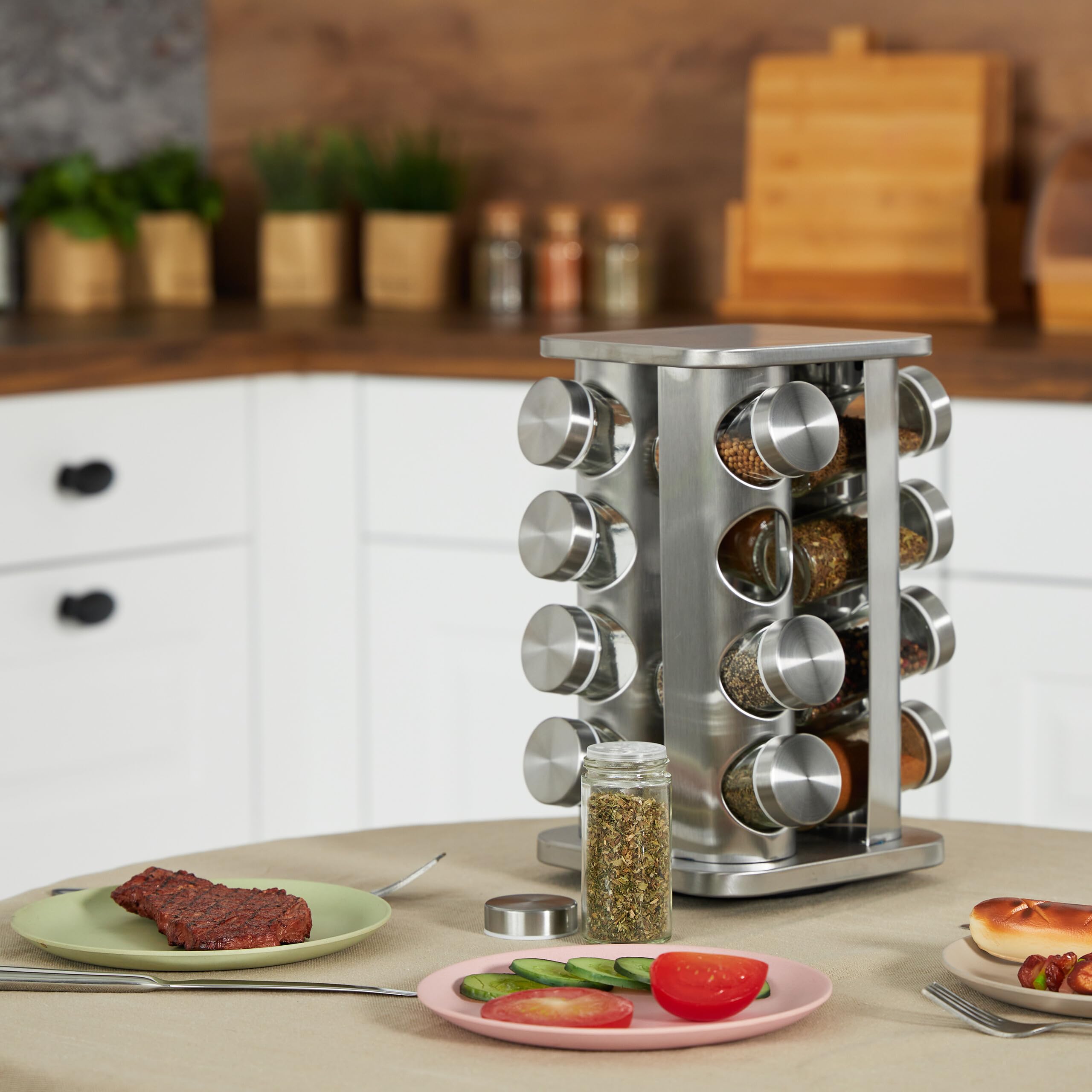 Relaxdays Tourniquet à épices, Acier INOX, 16 Pots en Verre, 40 étiquettes, Rotatif à 360°, HLP : 28x20x20 cm, argenté