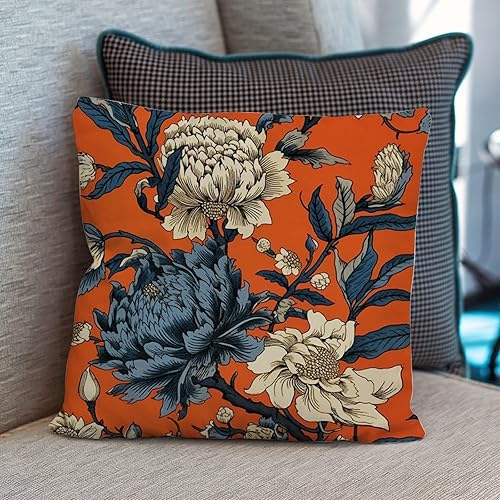 Miniatura 6 de Funda de cojín con diseño de flores de caqui chinoiserie, color naranja, azul marino, peonía, funda de almohada cuadrada rústica para sofá,