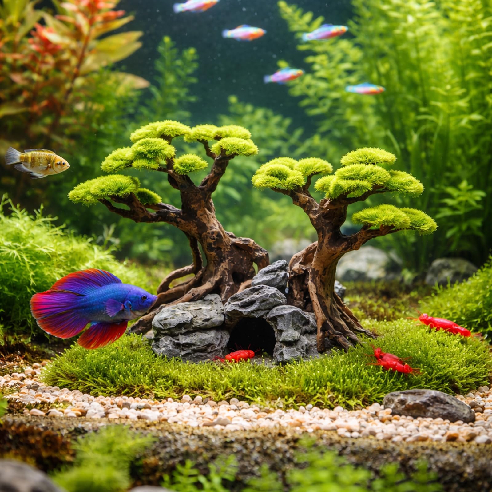 Bonsaï artificiel en résine pour aquarium, décoration d'aquarium avec cachette pour crevettes Betta, cichlidés, eau douce et eau salée