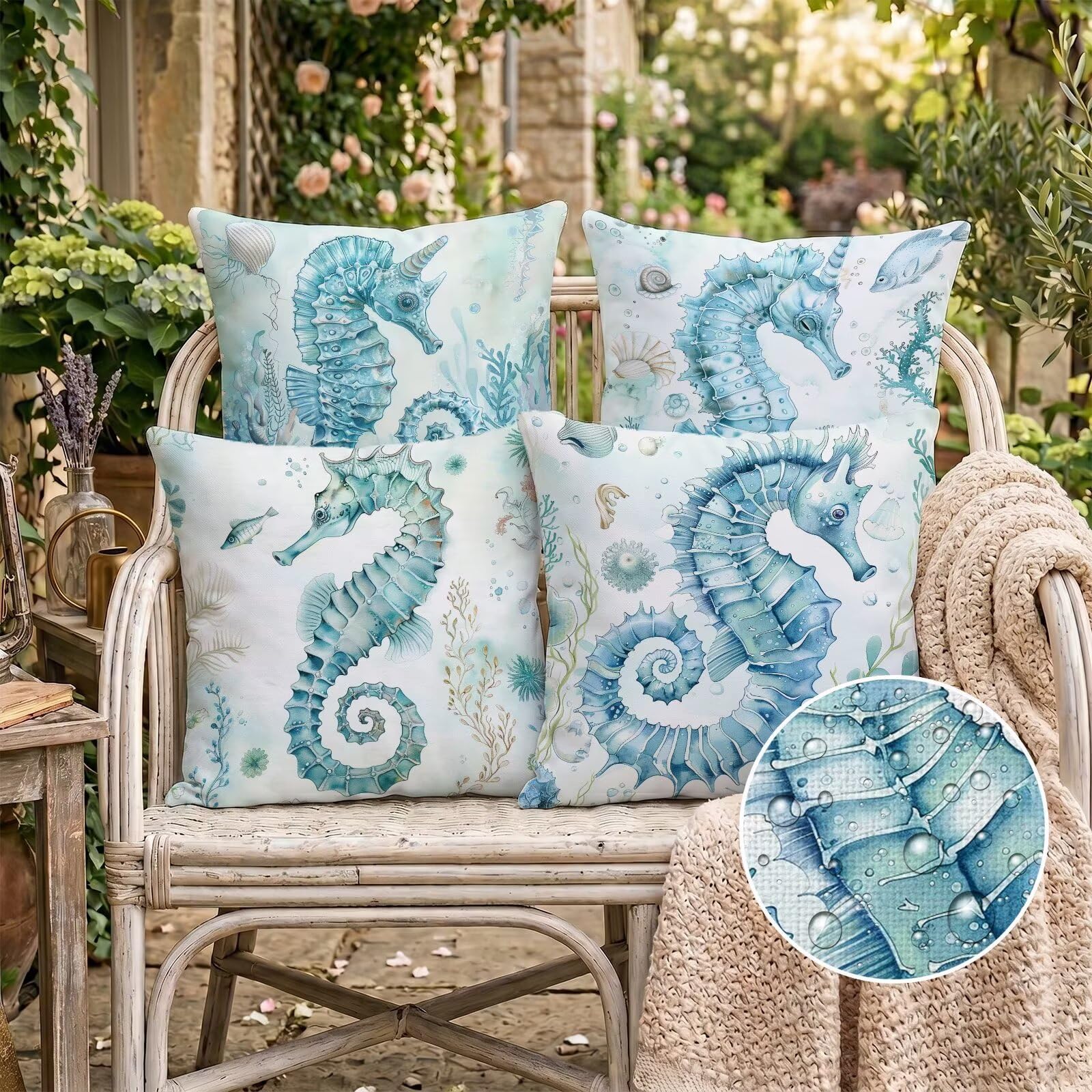 Federe Cuscini Divano 60x60cm Set di 4 Stampa Fronte-Retro Oceano Haima in Lino Copricuscini, Cuscini da Esterno Impermeabili per Soggiorno Camera da Letto Giardino & Arredamento Casa C-O163