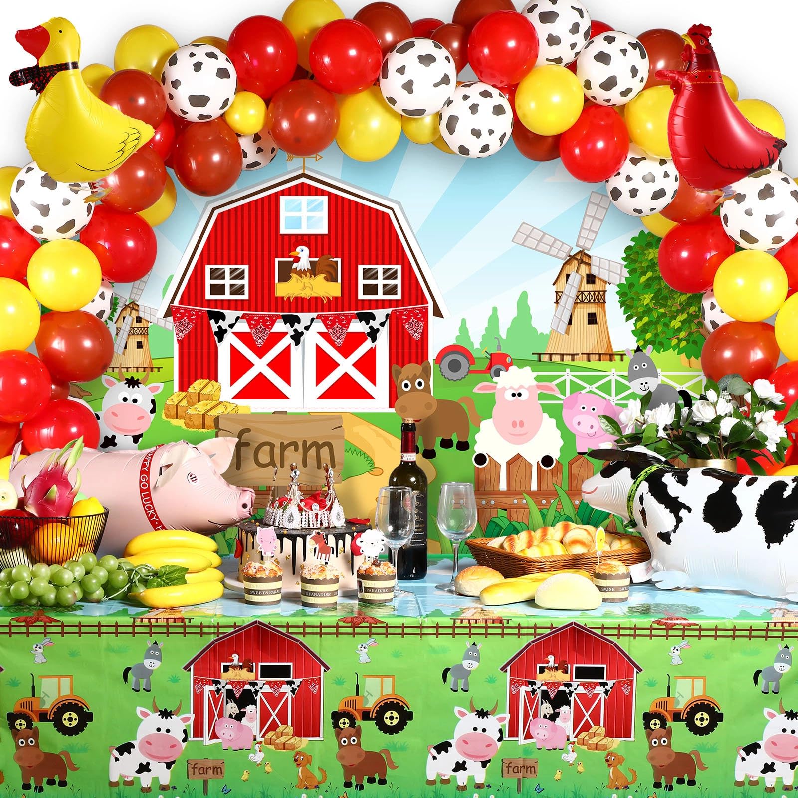 Tatuo Farm Animals Theme Party Decorations Farm Barn Animals Backdrop Banner Farmhouse Animals Decor Party Tablecloth Balloon Arch Garland Kit for Birthday Photography Baby Shower Party Supplies (Red)