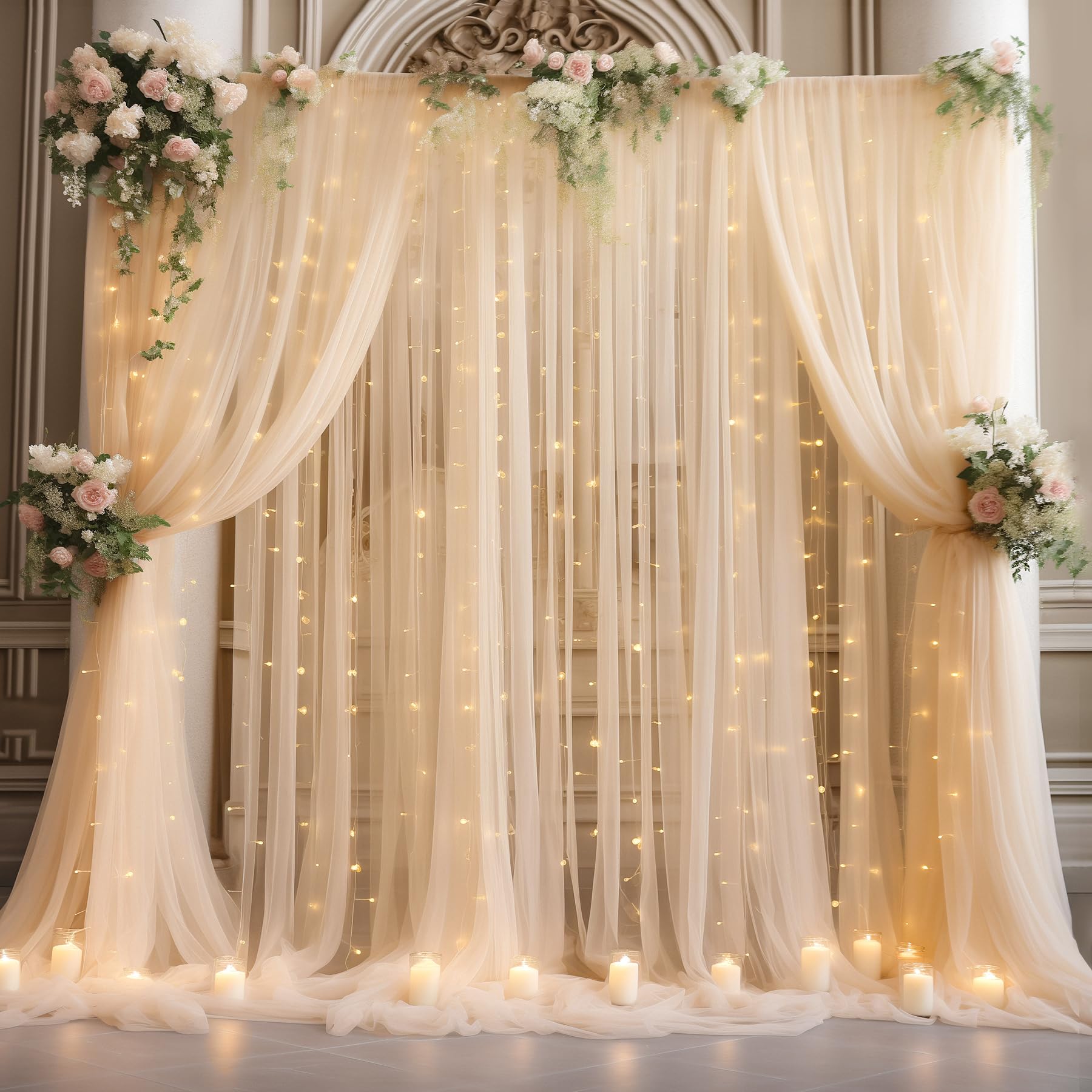 30x8ft Champagne Tulle Backdrop Curtain with Lights String for Parites, Sheer Photo Backdrop Curtains with Lights for Wedding Backdrop Ceremony