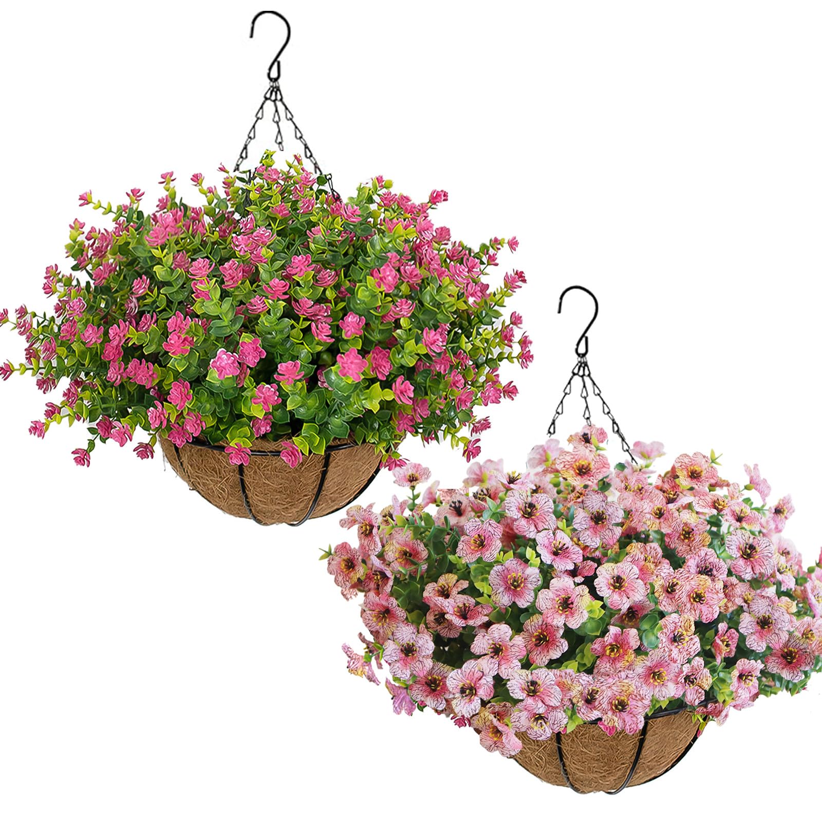 artificial hanging plants flowers with basket 2 packs, artificial hanging flowers for outdoors, faux hanging plants outdoor, pink fake flowers, pink&pink