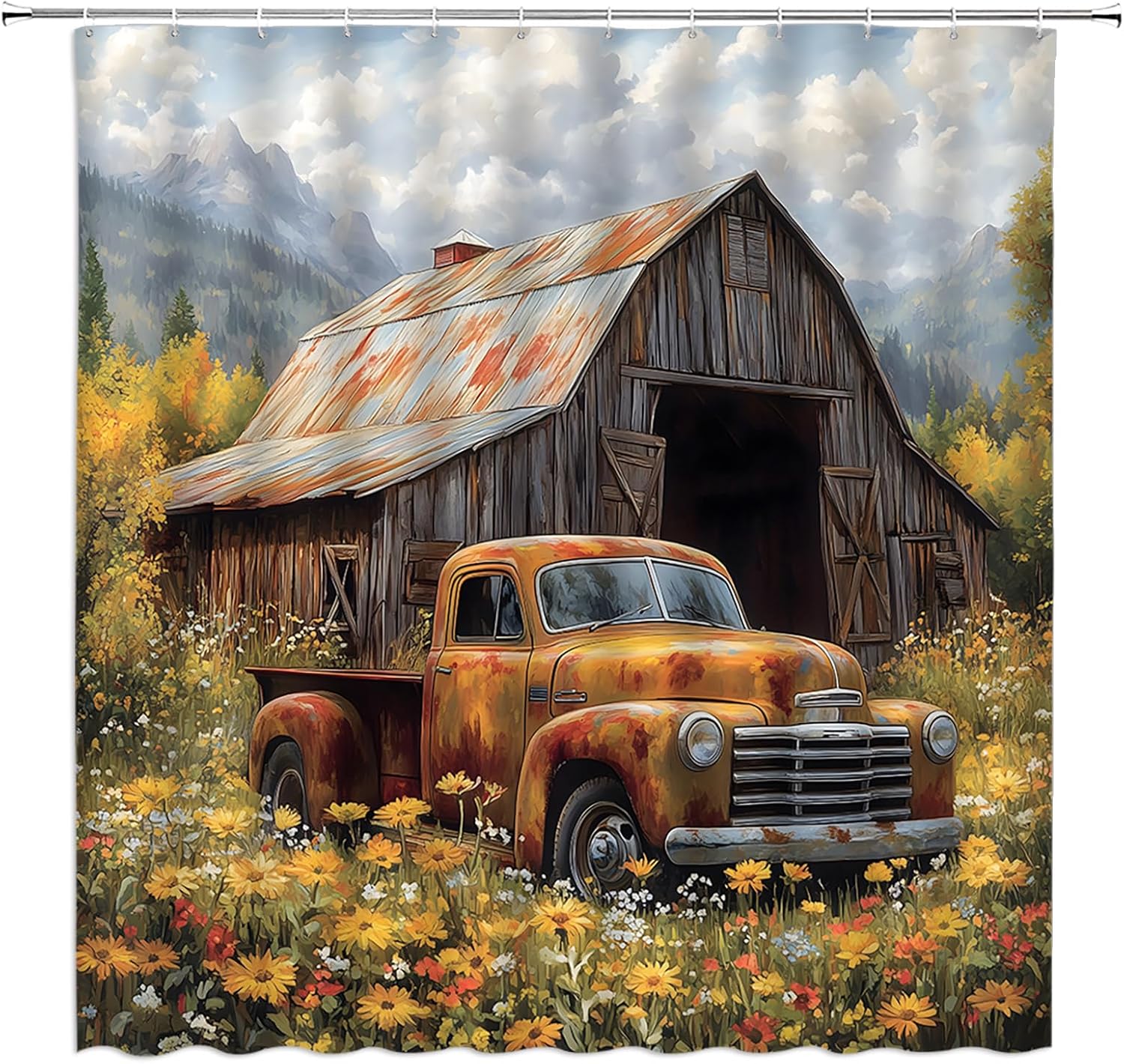 Antique Truck Shower Curtain Rustic Retro Barn Farm Floral Old Brown Car Colorful Vintage Farmhouse Country 70" Wx84 H Fabric Bathroom Decor Curtain with Hooks