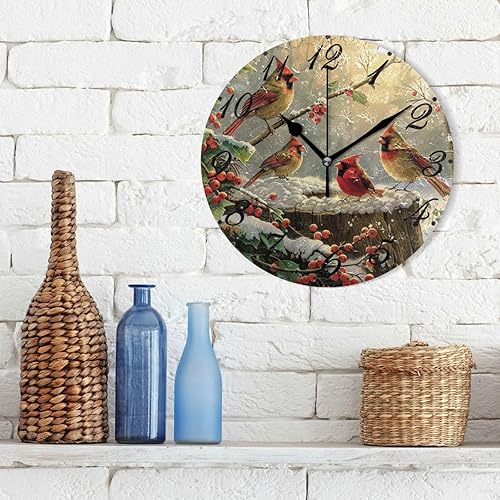 Miniatura 3 de Pfrewn Reloj de pared de invierno con diseño de pájaros cardenales, reloj de pared redondo silencioso sin tictac, decoración a pilas, reloj de