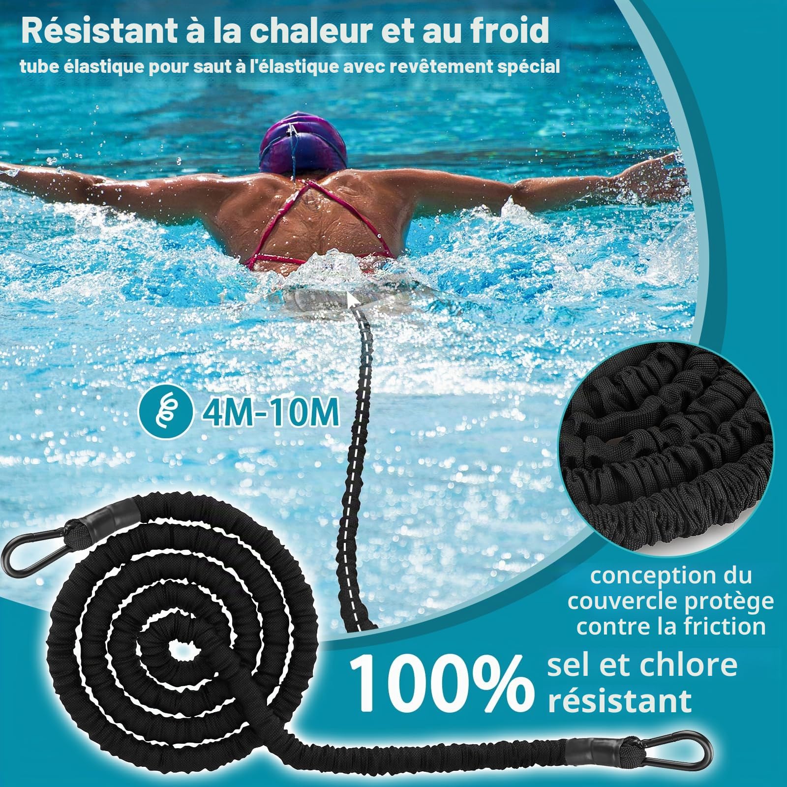 TUT Ceinture de Natation, Ceinture de Natation pour la Piscine Corde de Natation (4 à 10 m), Elastique de Nage Piscine Ceinture d'entraînement Réglable pour Adultes - Nage Contre Courant Ceinture