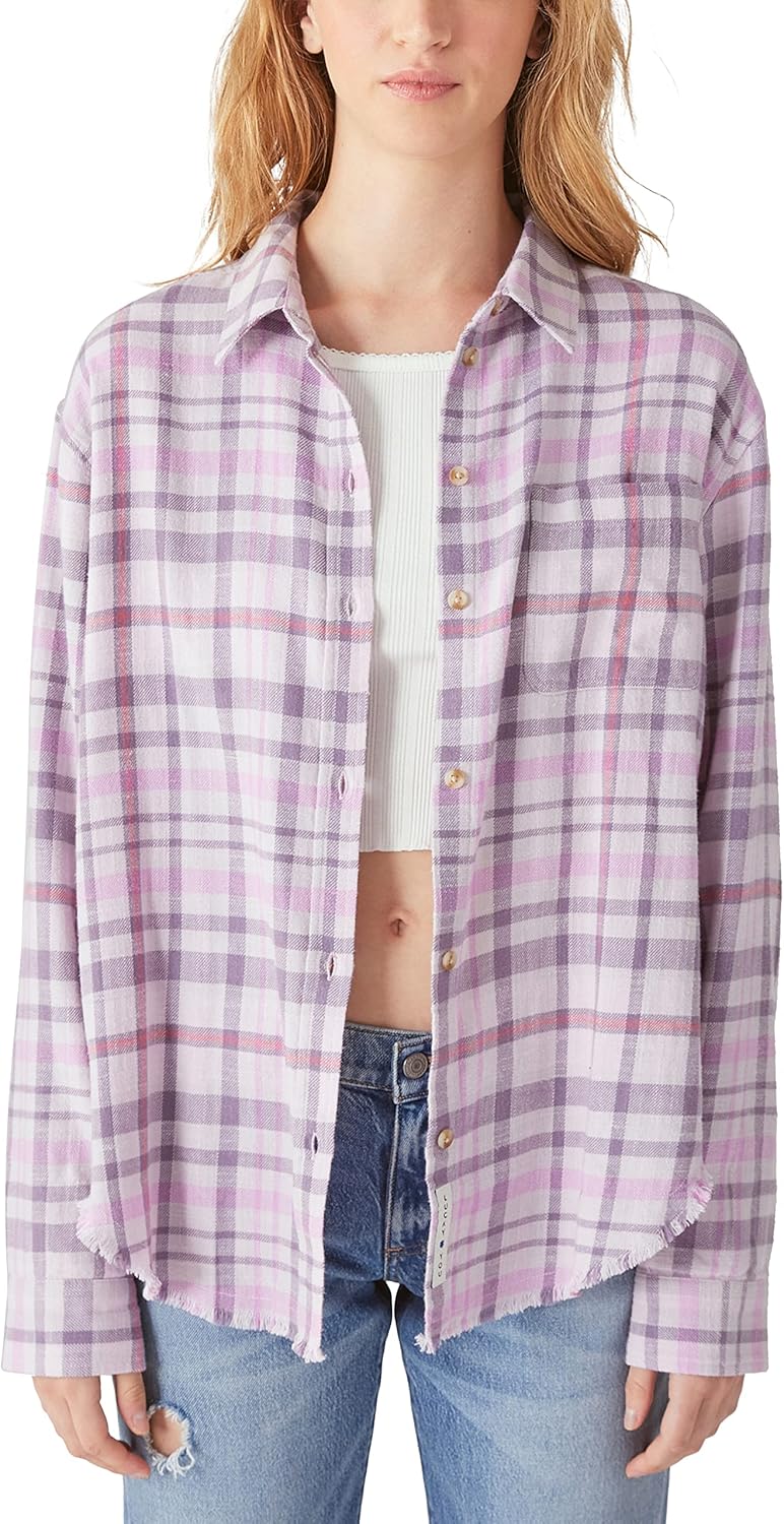 Lucky Brand Womens Long Sleeve Oversized Distressed Plaid Shirt - Image 2