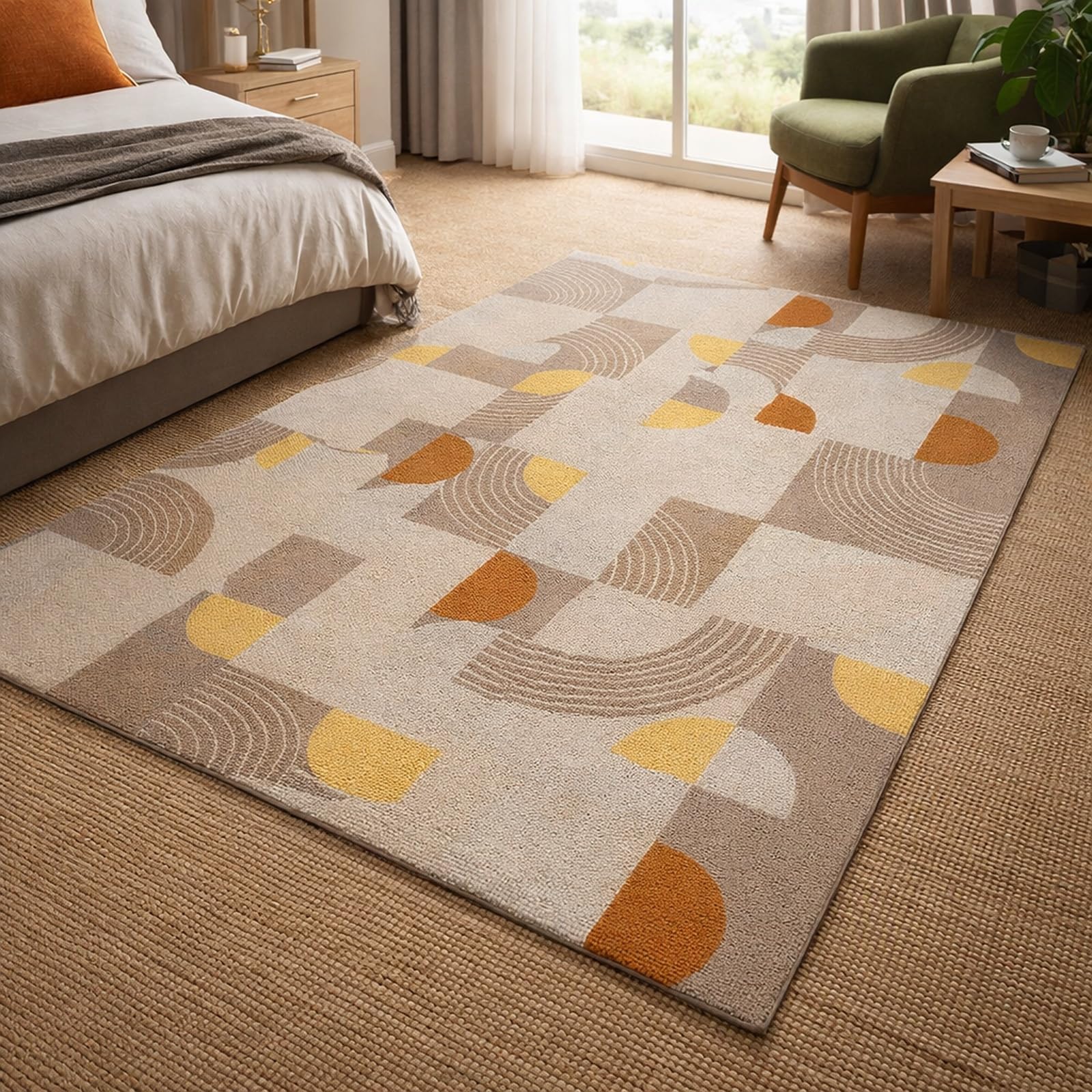 Tapis salon décoration géométrique beige marron gris 150x150