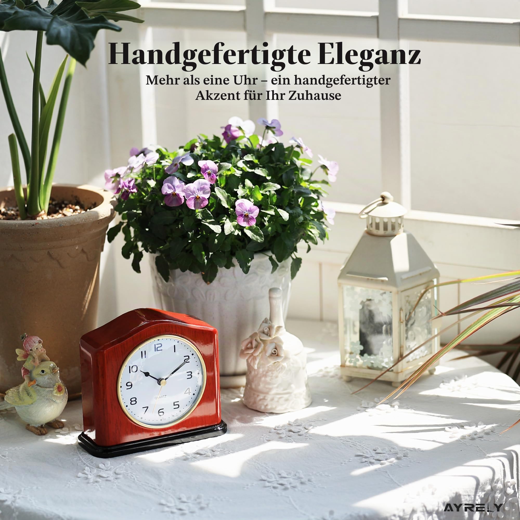 AYRELY® Kaminuhr aus Holz – Handgefertigte Tischuhr Vintage mit lautlosem Quarzwerk und Klavierlack-Optik, Elegante Standuhr für Wohnzimmer, Schlafzimmer, Büro oder als Geschenk
