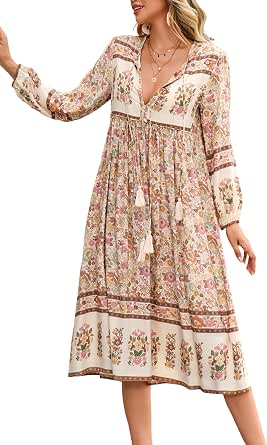 Women's Long Sleeve Floral V-Neck Bohemian Midi Dress