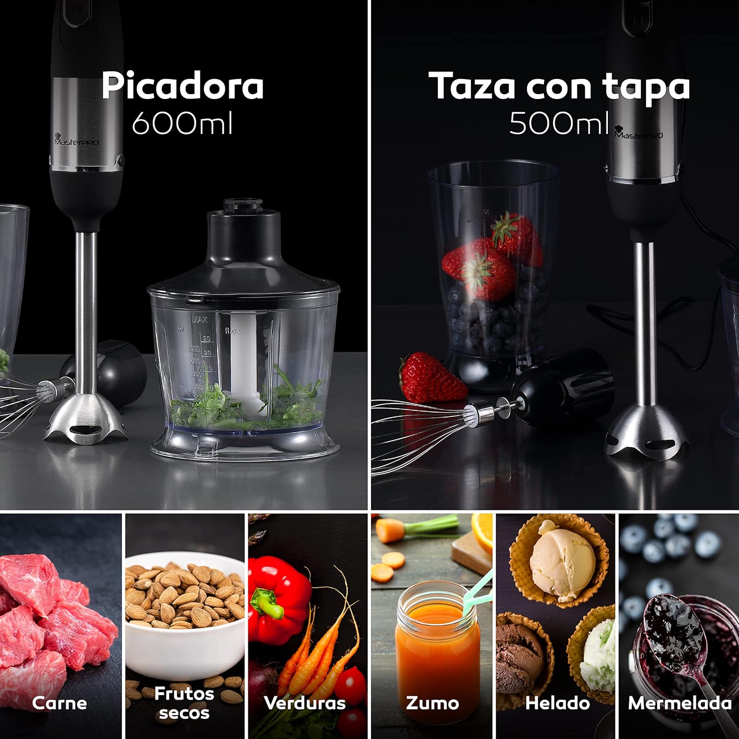 Immersion blender in use with chopper and mixing beaker, showing various food applications