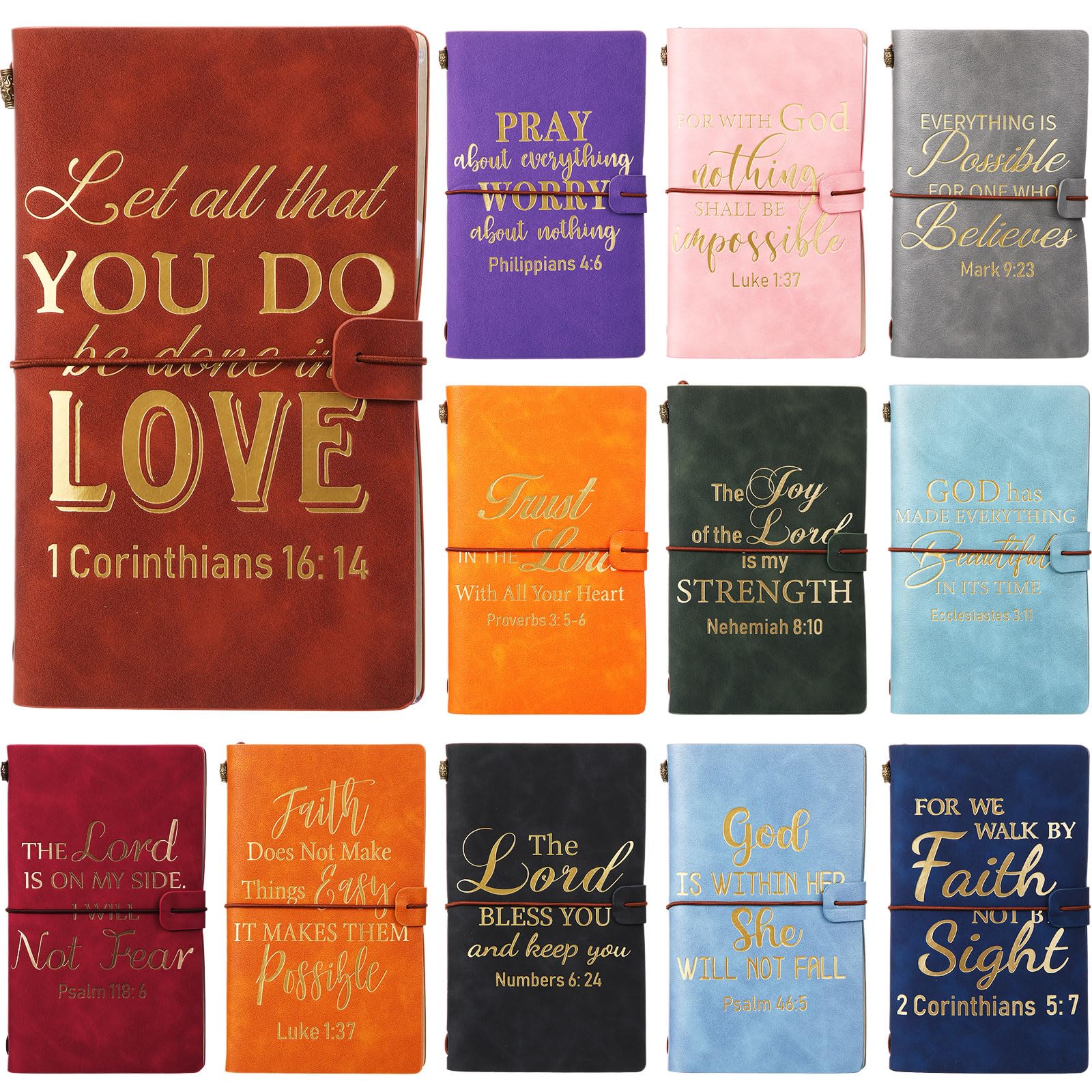 12 Pcs Christian Religious Bible Verse Leather Journal Notebooks Bulk Vintage PU Leather Travel Journals Coworkers Gifts Inspirational Prayer Gifts for Women Men Church Supplies Church Favors