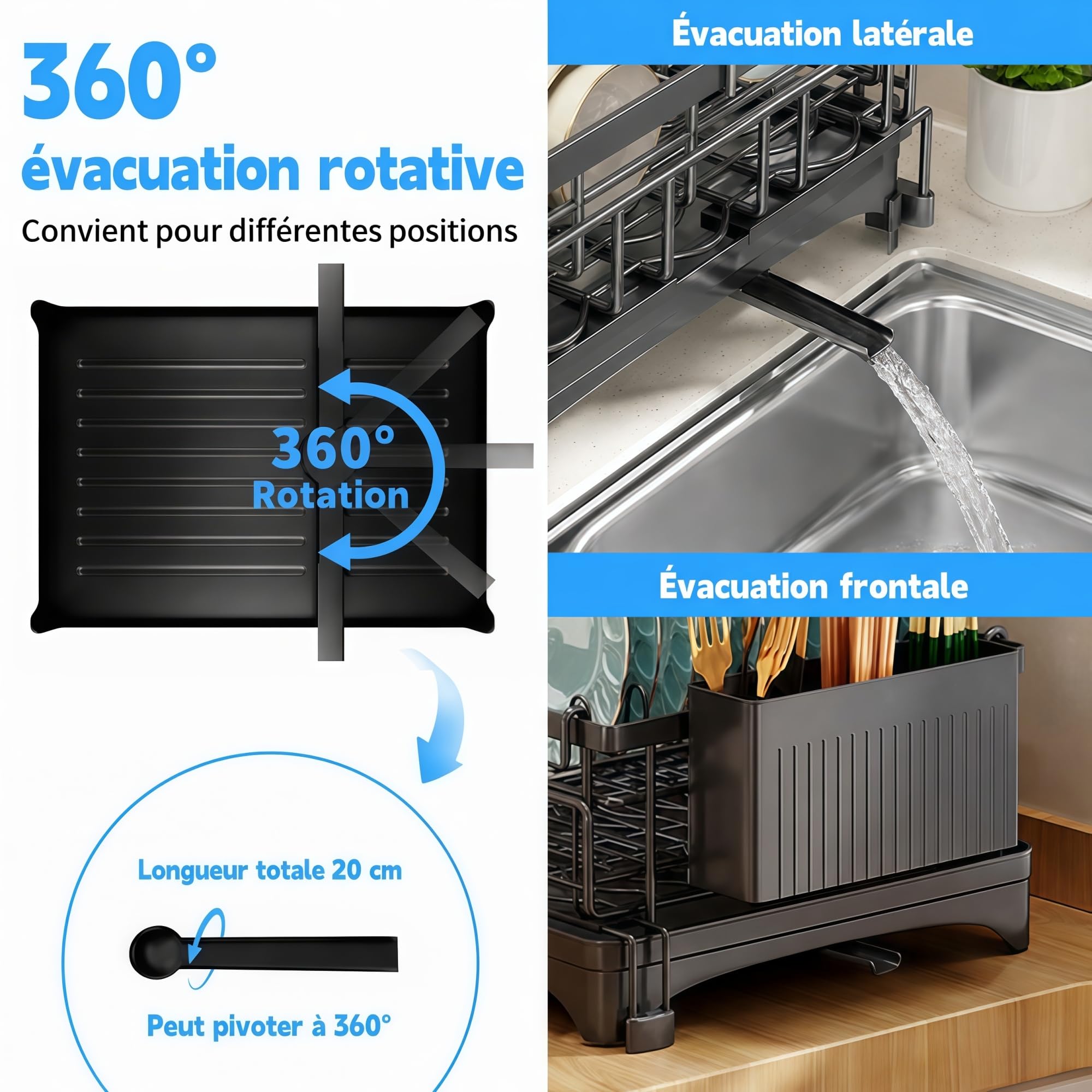 Egouttoir Vaisselle 2 Niveaux, Extensible, Grande Capacité, Noir