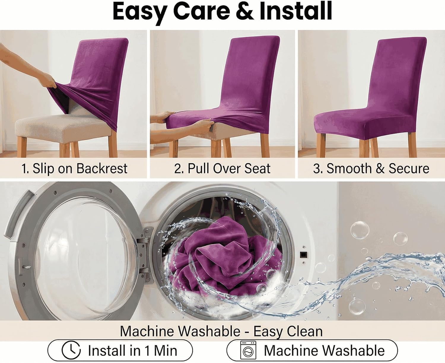 Deisy Dee Velvet Stretch Dining Room Chair Covers Colorful and Washable Parson Chair Slipcovers Stretchable Removable Furniture Protectors (4, Purple)