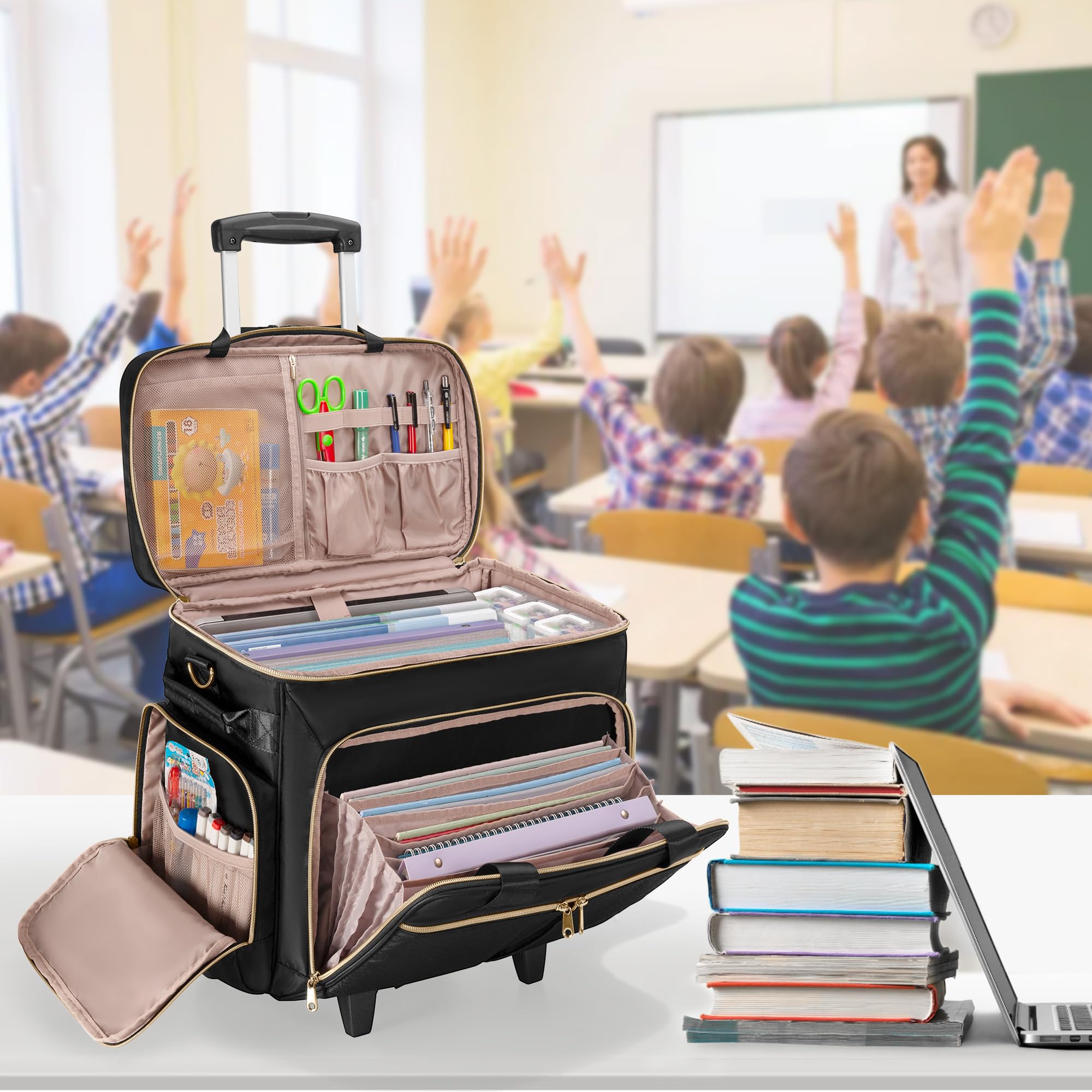 Sac à roulettes pour Enseignants avec roulettes, Sac Fourre-Tout pour Enseignants avec Chariot Amovible, Sac à roulettes pour Enseignants pour Ordinateurs Portables de 15,6", Noir