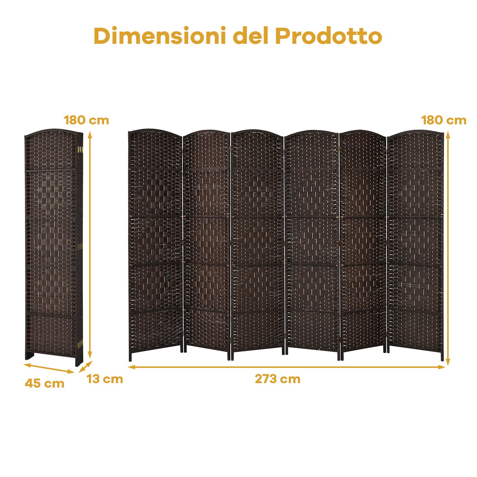 COSTWAY Paravento da Interno ed Esterno 6 Pannelli, Separé Divisorio Pieghevole in Carta Intrecciata a Mano e Cornice in Legno Massello per Camera da Letto, Soggiorno e Ufficio, 273 x 180 cm (Marrone)