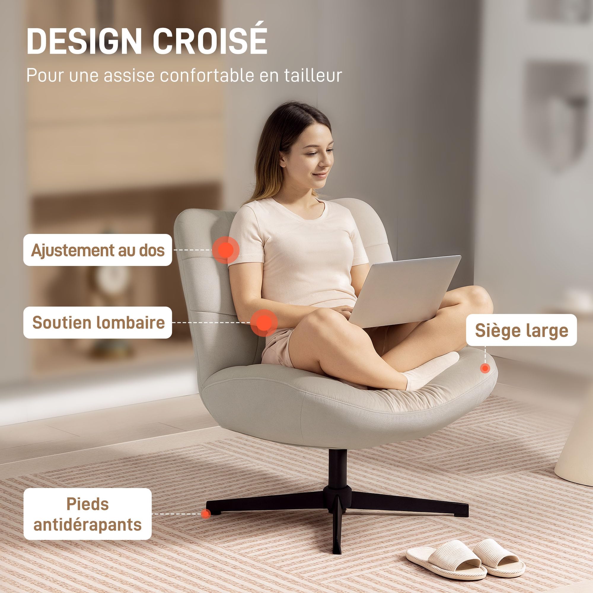 HOMCOM Fauteuil Salon pivotant à 360° en Chenille sans Accoudoirs Crème | Chaise Rembourrée, Assise et Dossier Extra-Larges, Pieds Croisés en Acier, Fauteuil de Chambre, Salon, Bureau